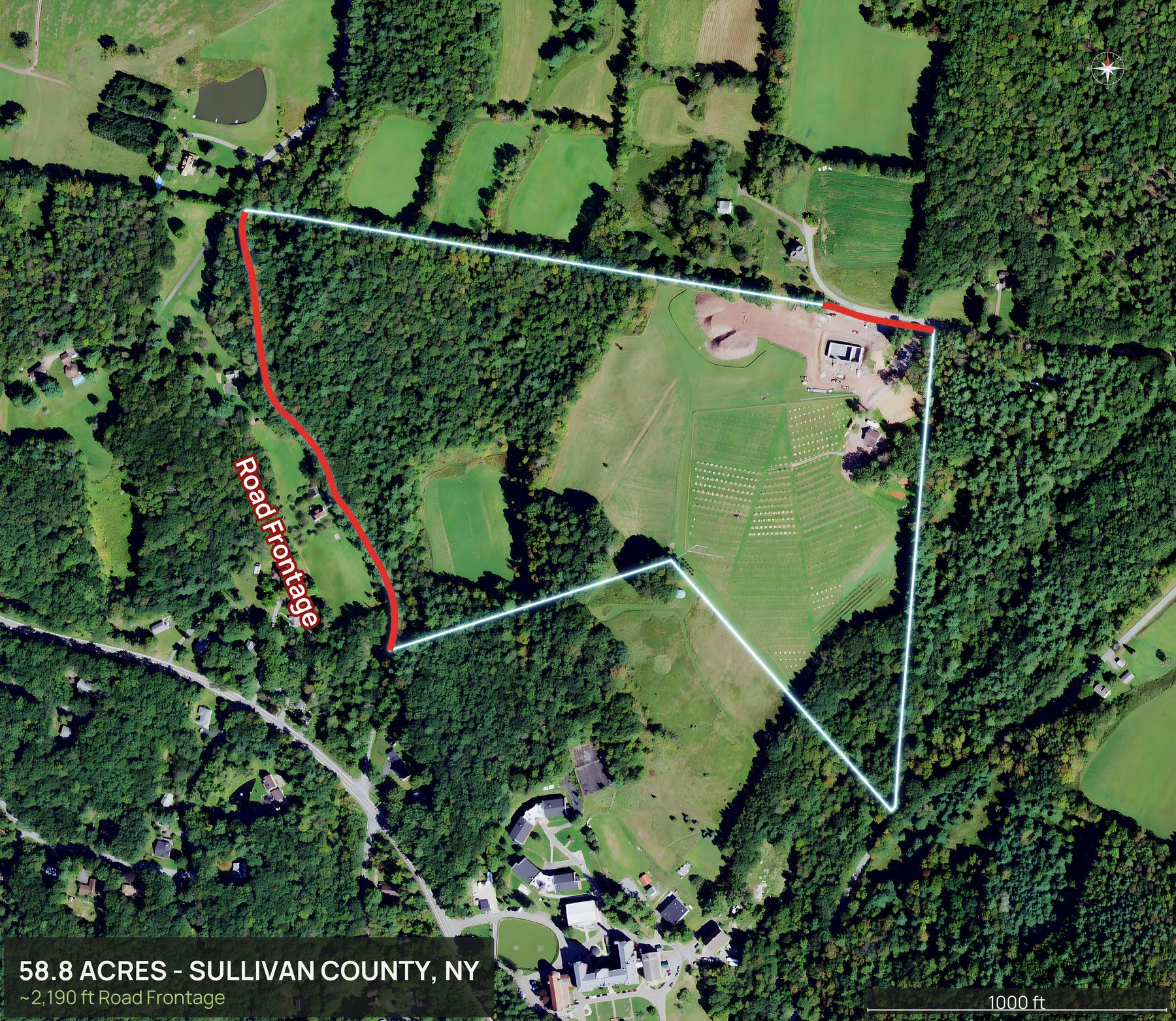 Access view of a New York land parcel with the road frontage marked