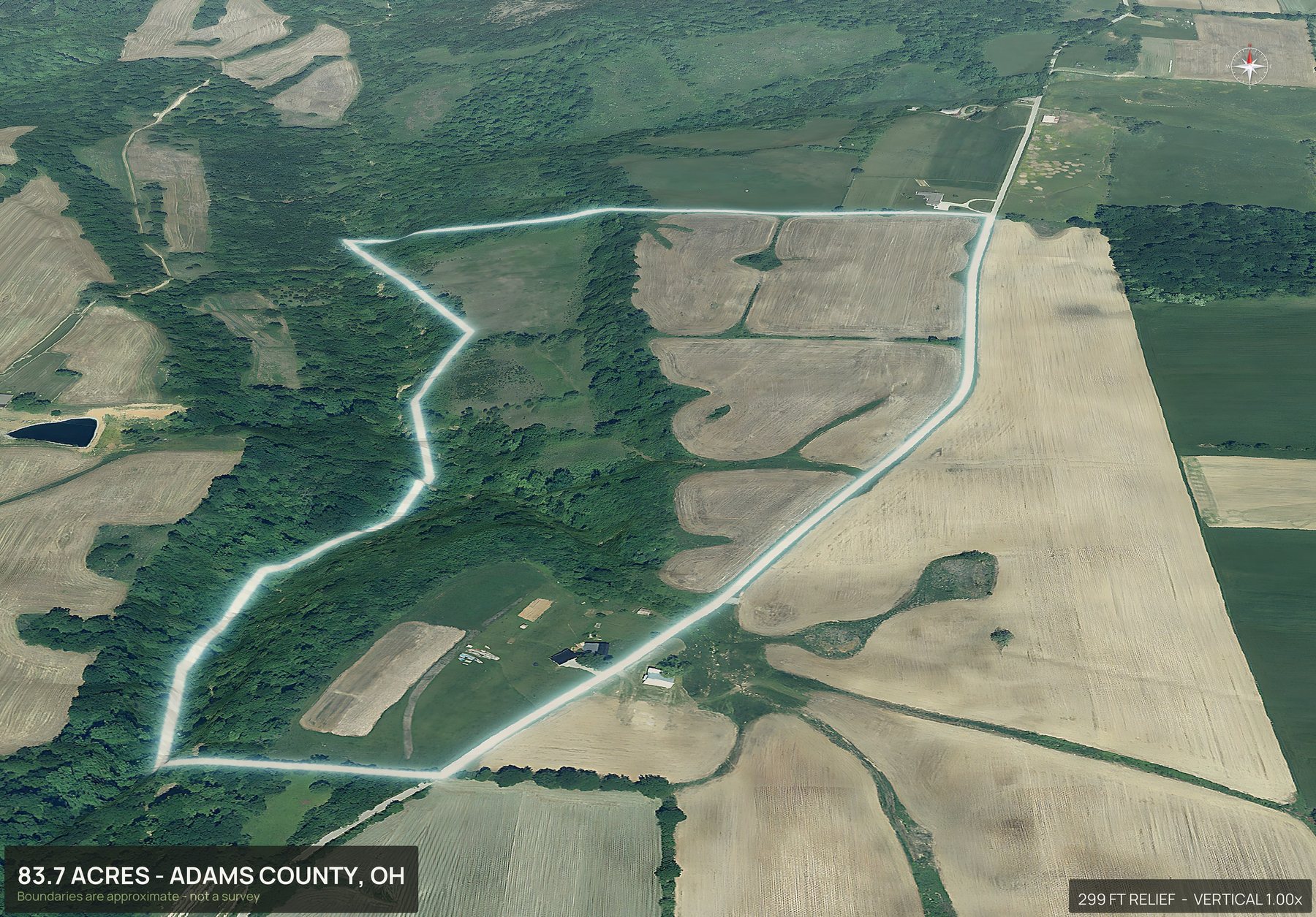 Aerial 3D view of a rural Ohio land parcel with the boundary outlined