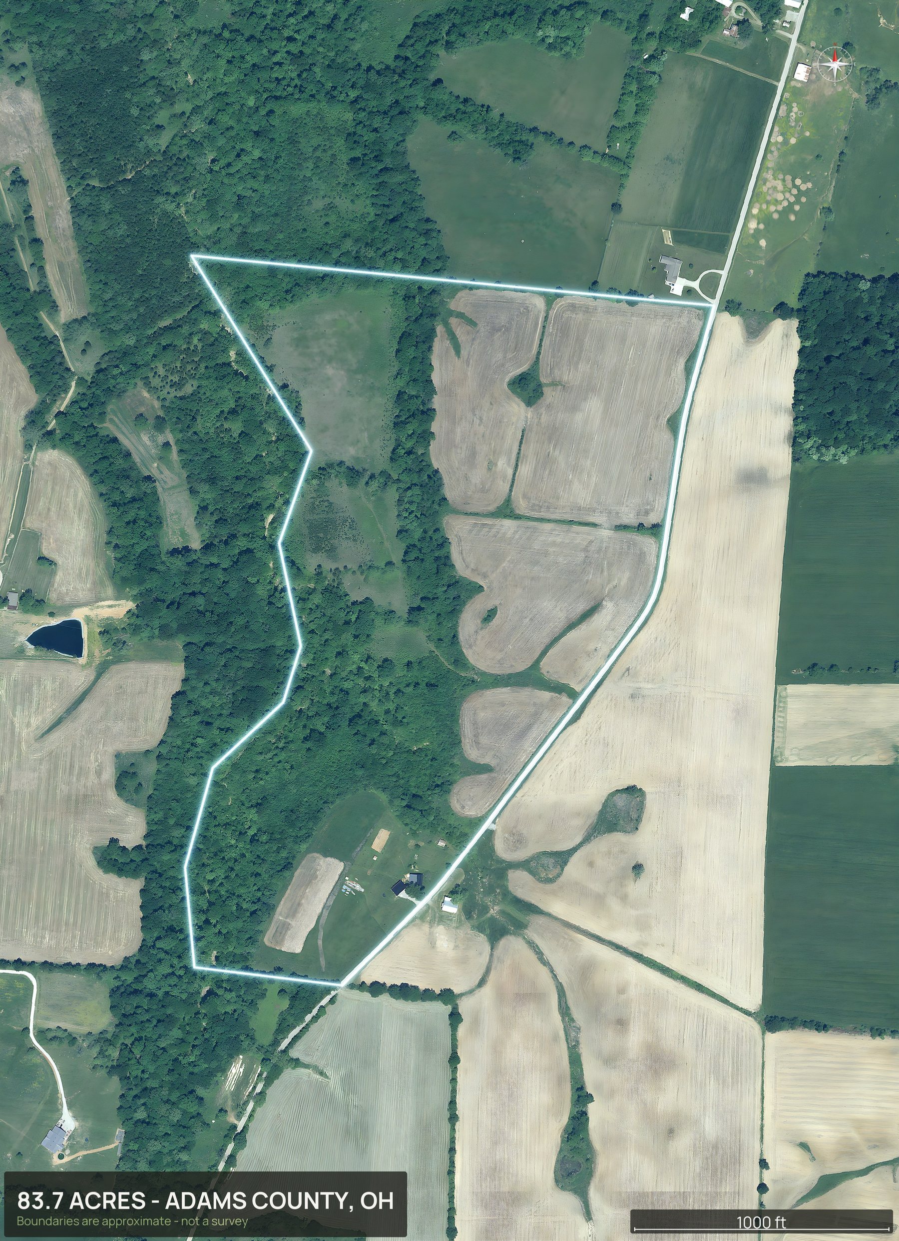 Outlined top down aerial photo of an Ohio land parcel with the boundary drawn in green