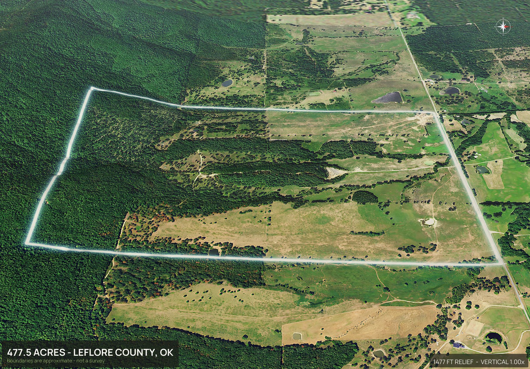 Aerial 3D view of a rural Oklahoma land parcel with the boundary outlined