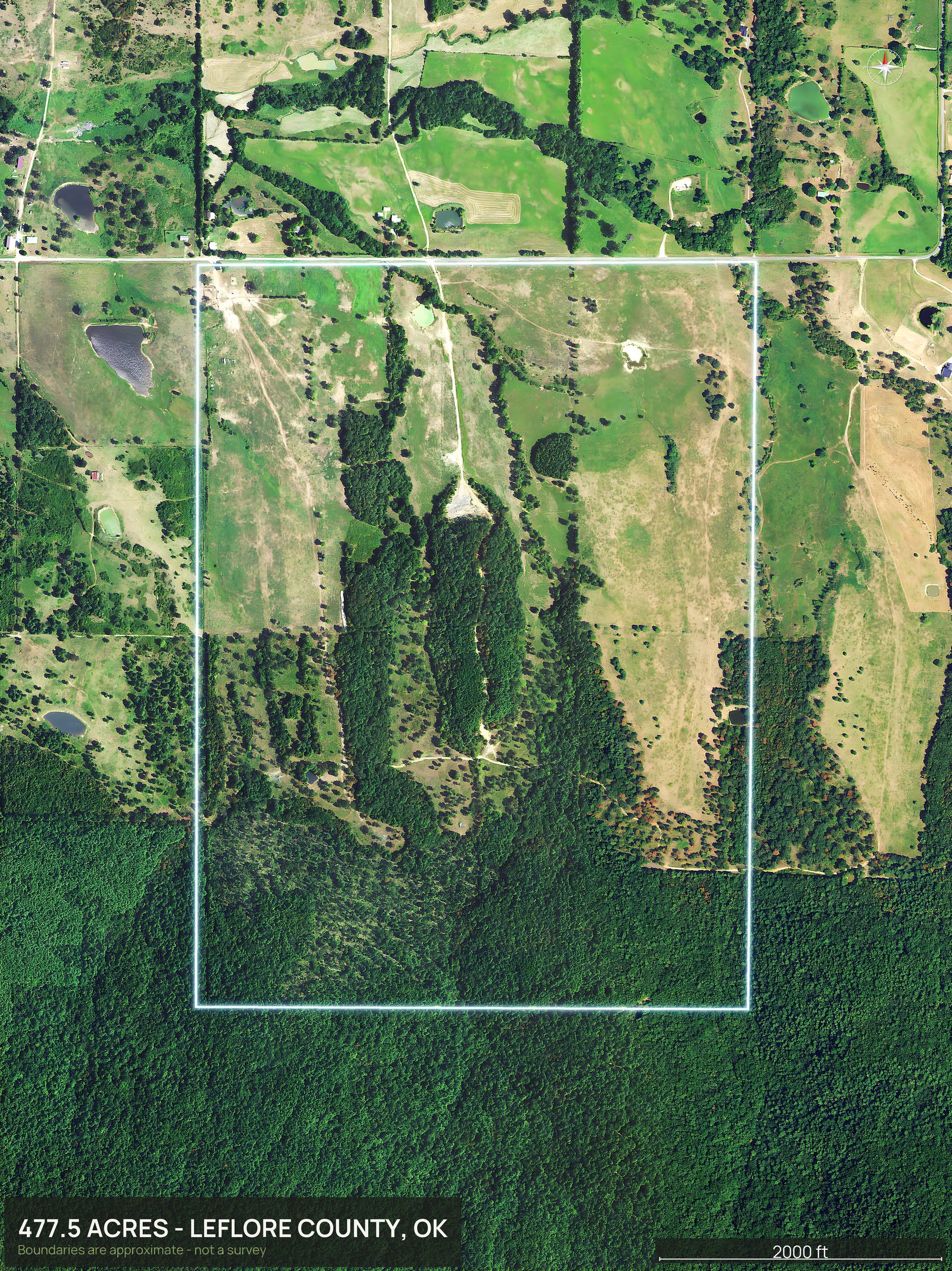 Outlined top down aerial photo of an Oklahoma land parcel with the boundary drawn in green