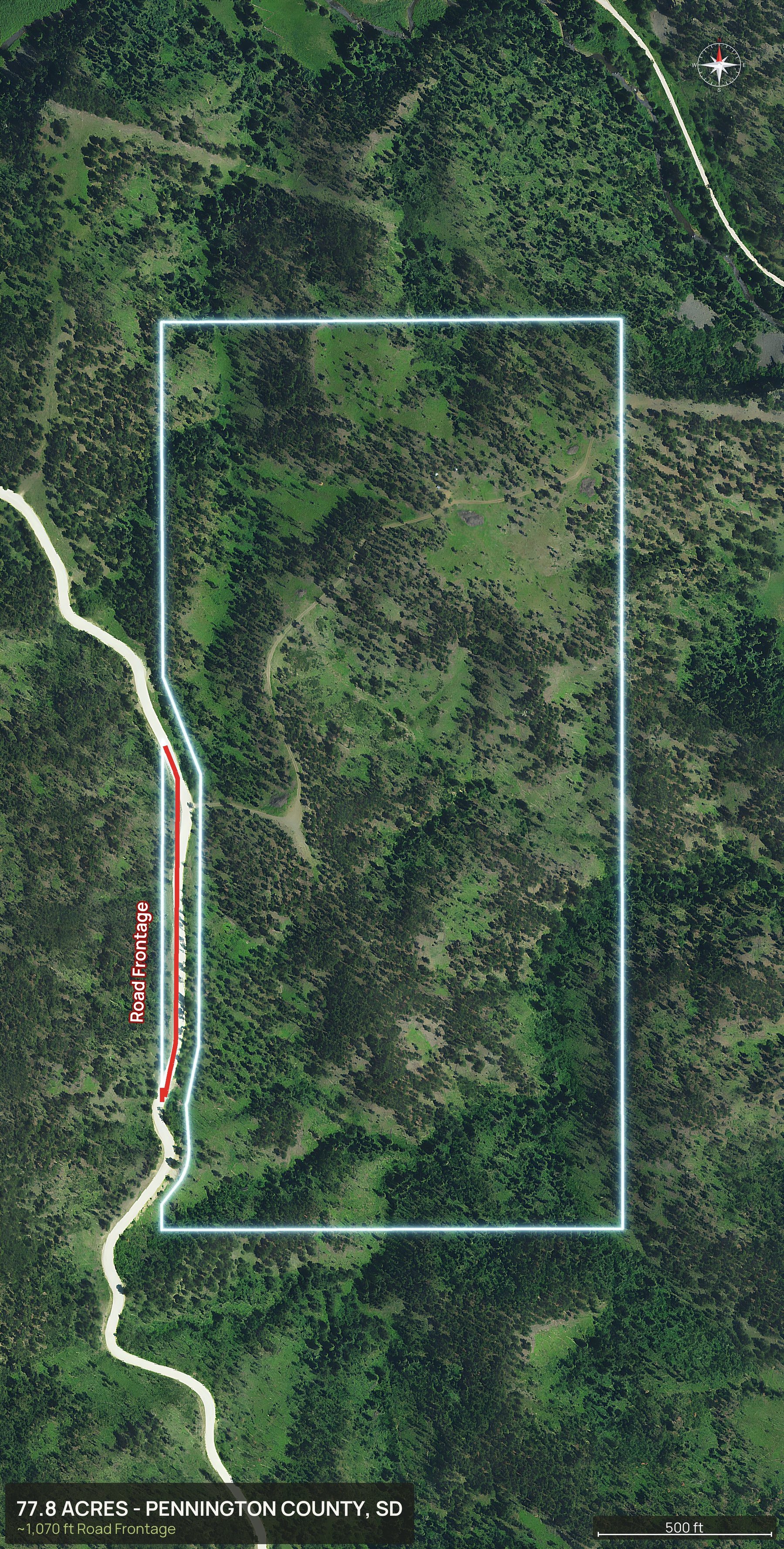 Access view of a South Dakota land parcel with the road frontage marked