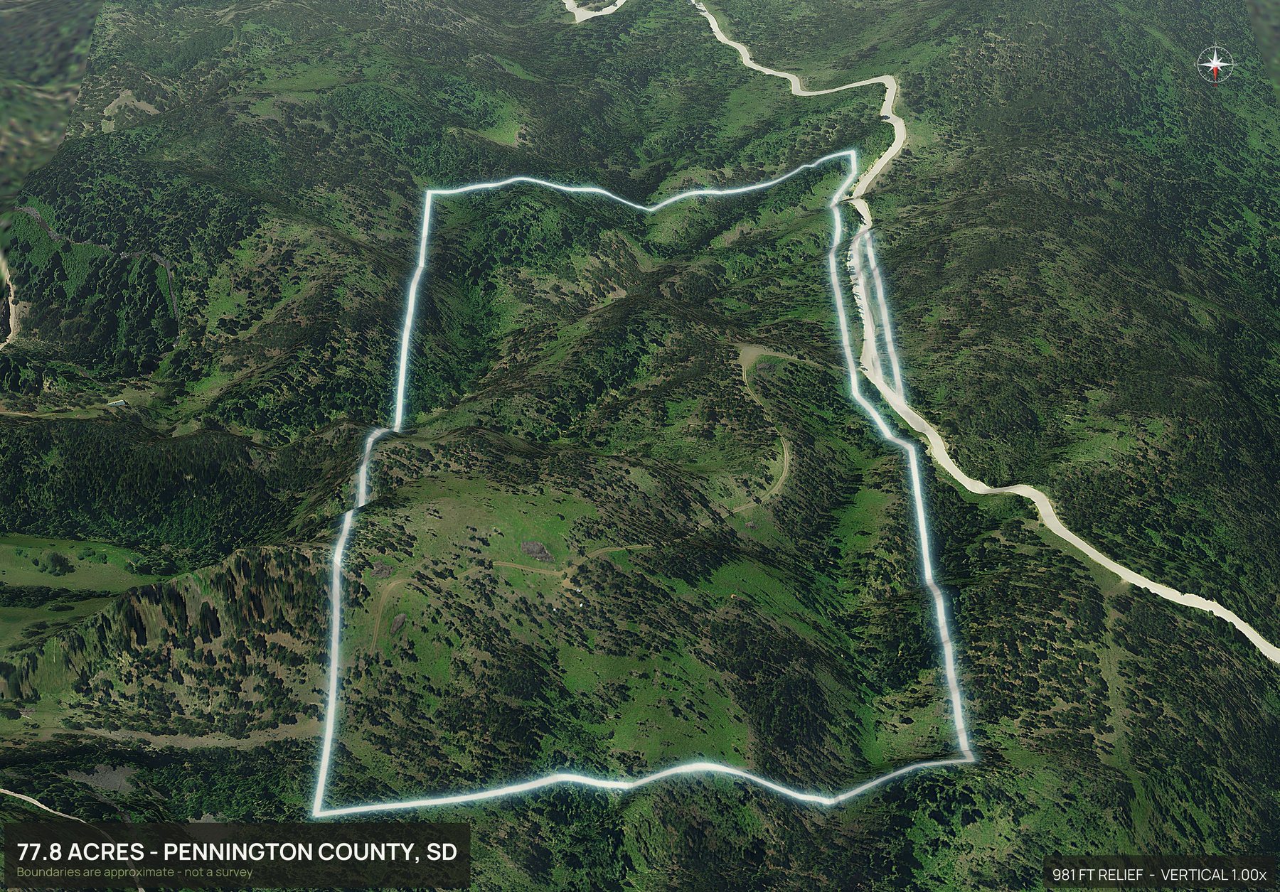 Aerial 3D view of a rural South Dakota land parcel with the boundary outlined