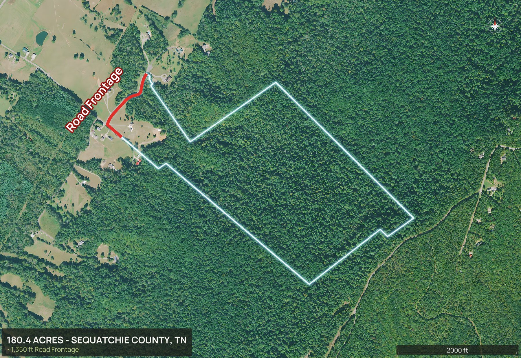 Access view of a Tennessee land parcel with the road frontage marked