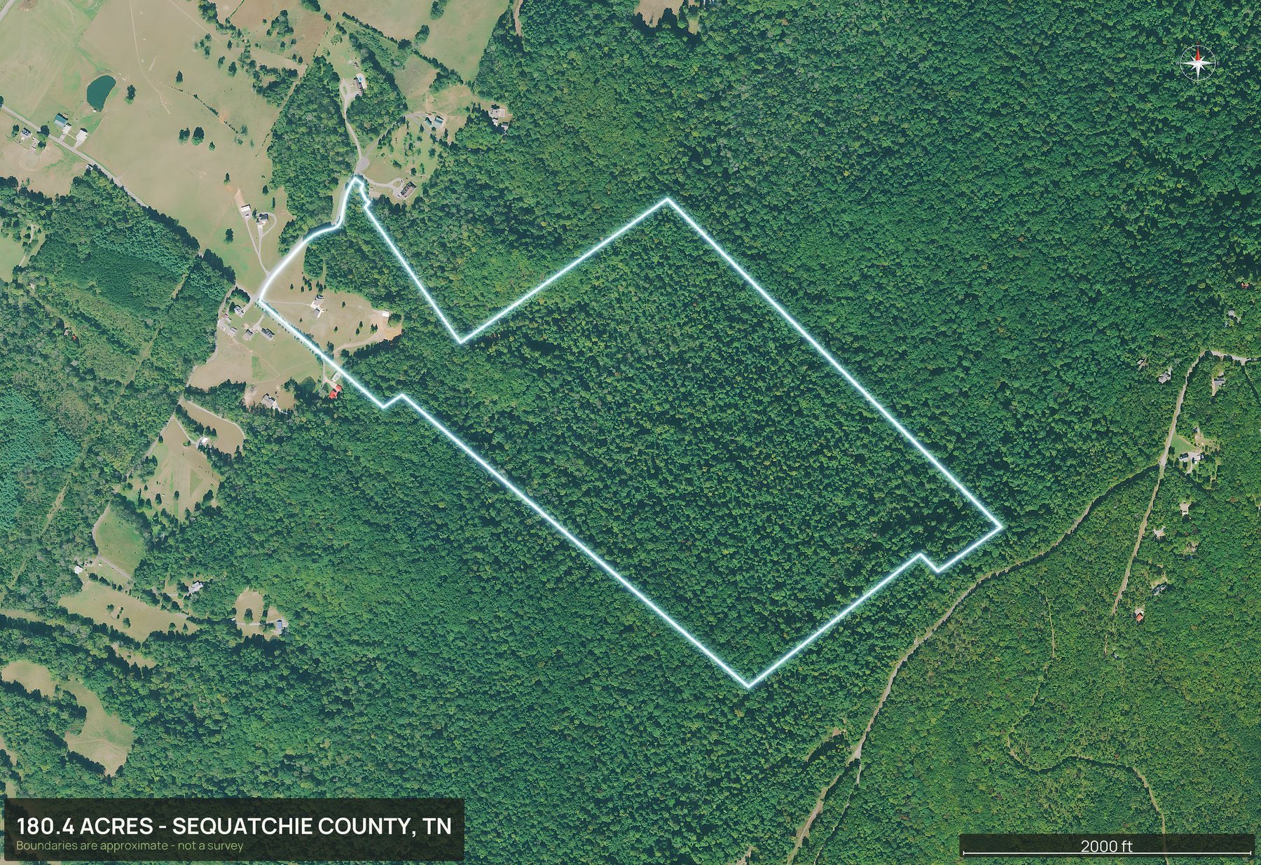 Outlined top down aerial photo of a Tennessee land parcel with the boundary drawn in green