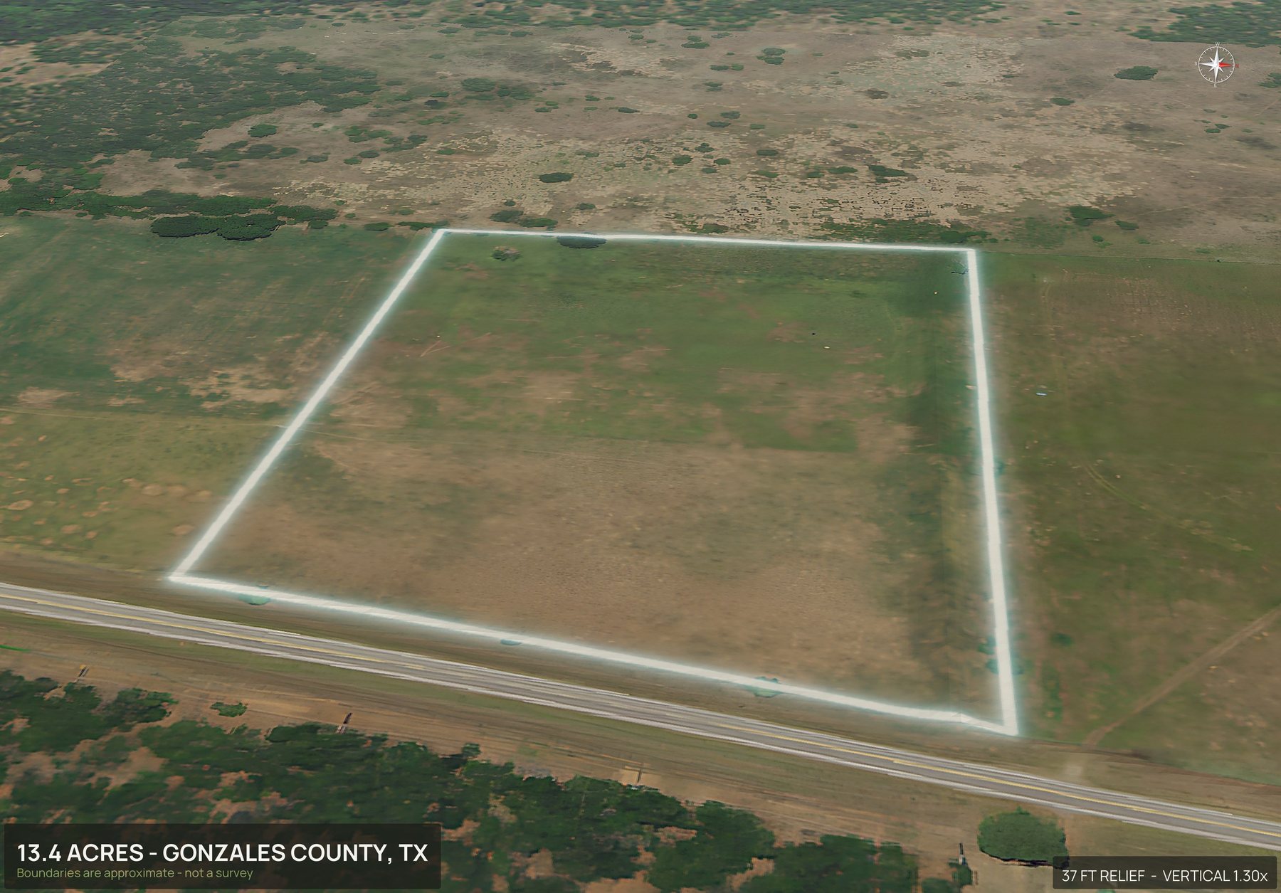 Road frontage of a Texas land parcel