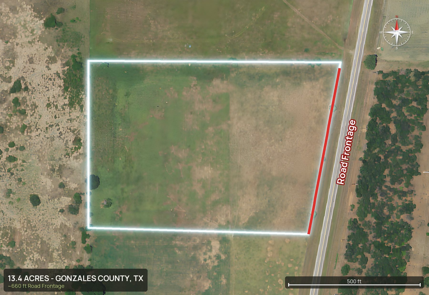 Access and frontage marked of a Texas land parcel
