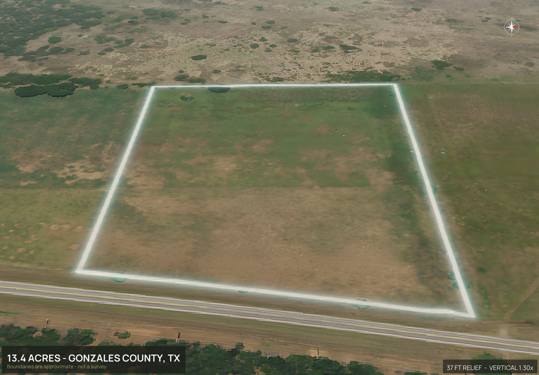 Aerial 3D view of a rural Texas land parcel with the boundary outlined