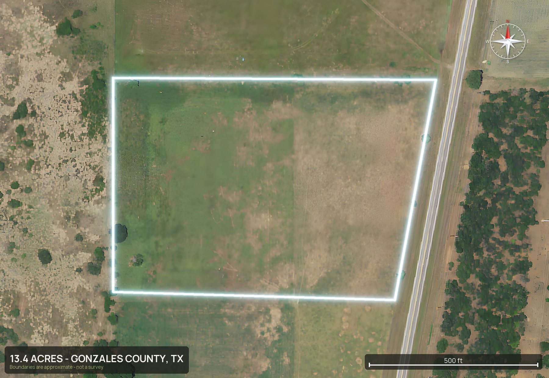 Outlined top down aerial photo of a Texas land parcel with the boundary drawn in green