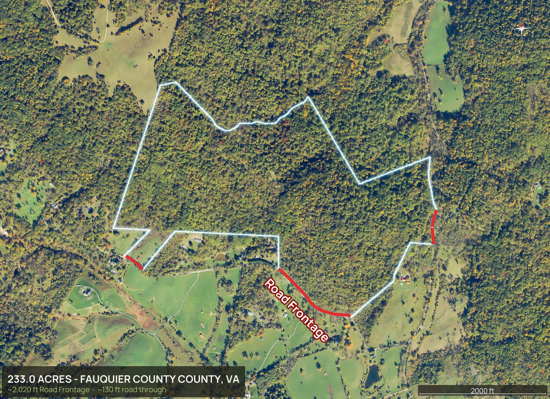Access view of a Virginia land parcel with the road frontage marked