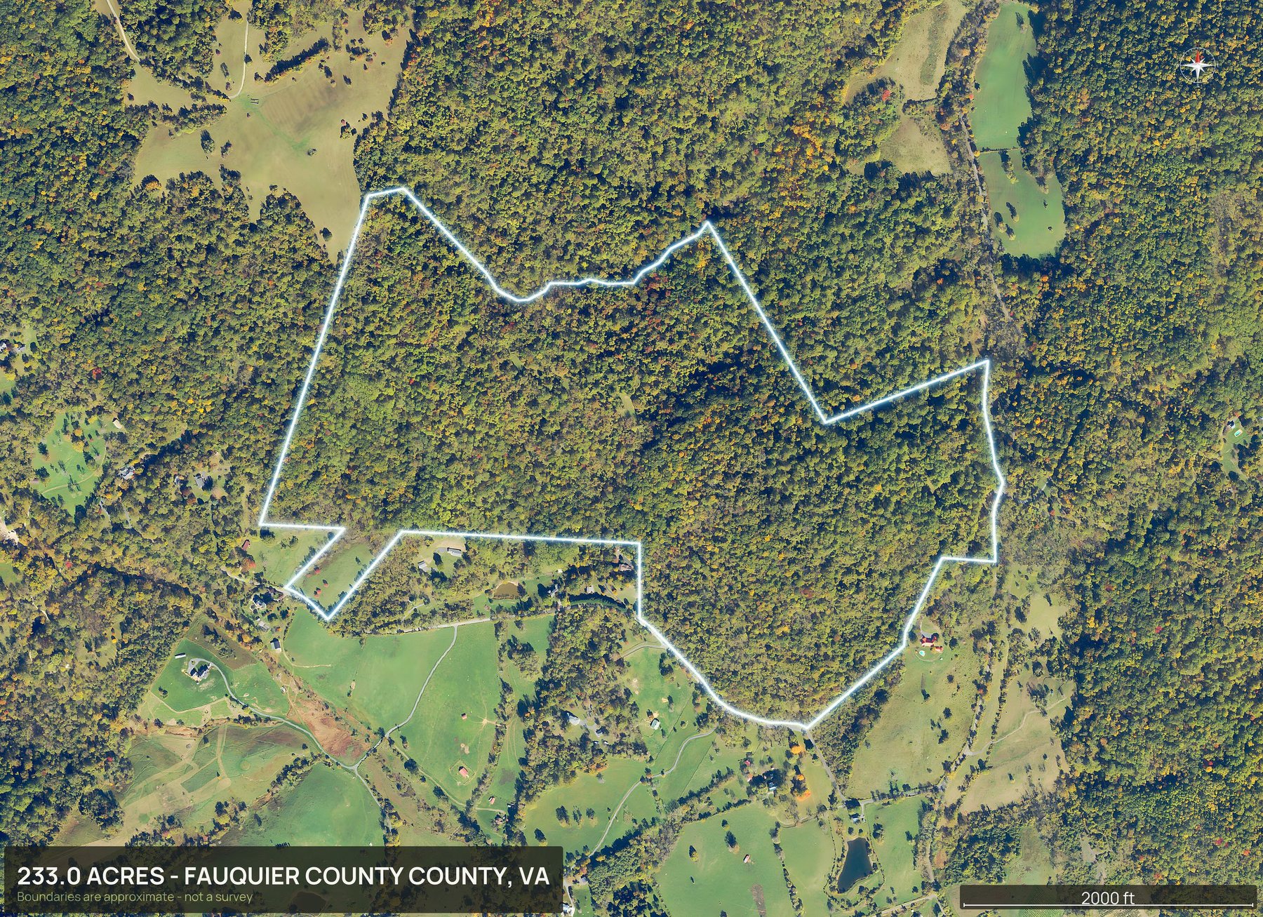 Outlined top down aerial photo of a Virginia land parcel with the boundary drawn in green