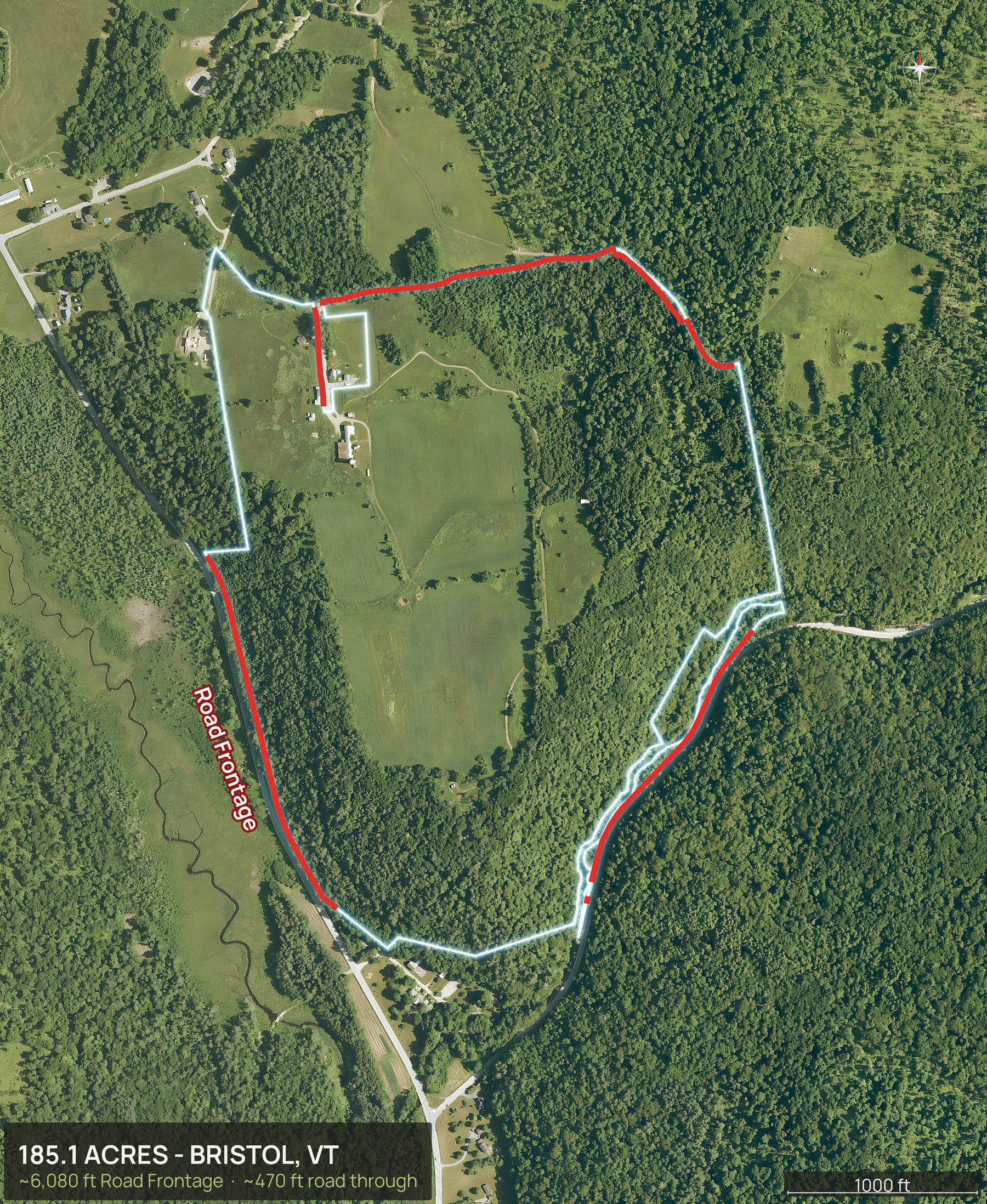 Access view of a Vermont land parcel with the road frontage marked