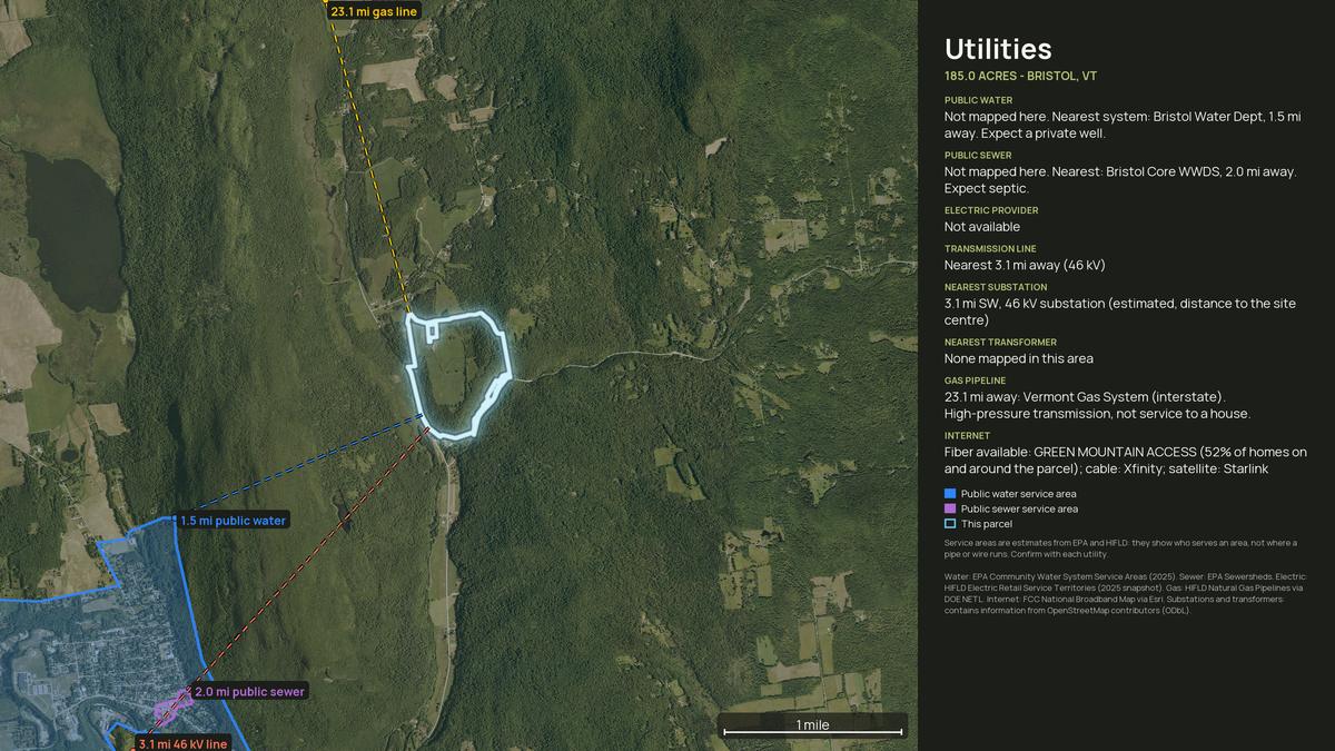 Utilities map for a Vermont land parcel