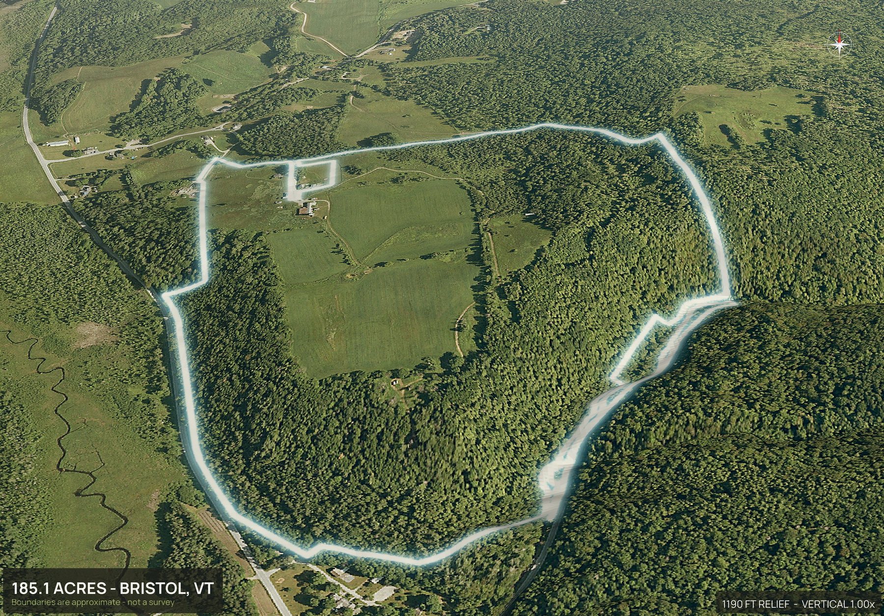 Aerial 3D view of a rural Vermont land parcel with the boundary outlined