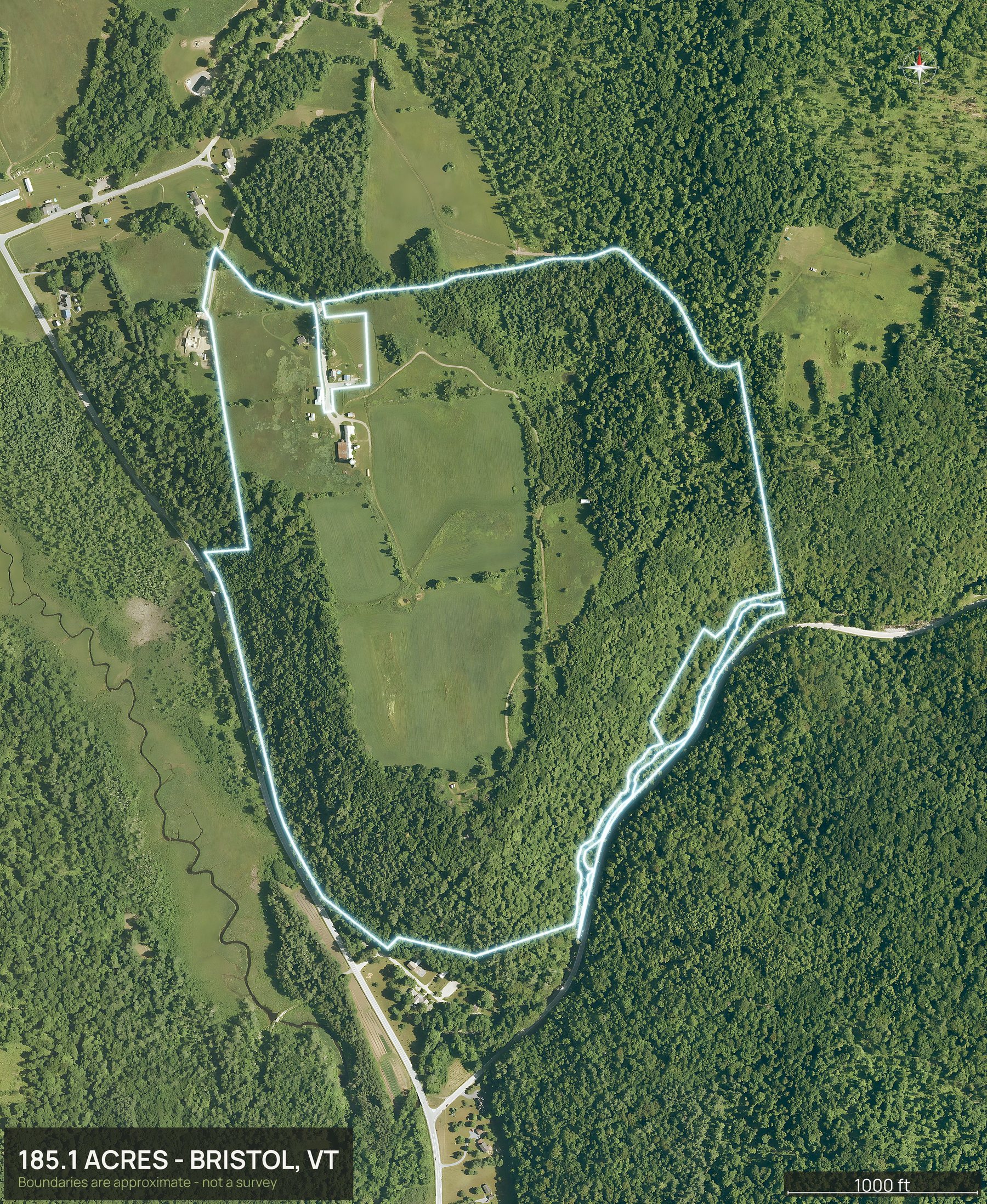 Outlined top down aerial photo of a Vermont land parcel with the boundary drawn in green