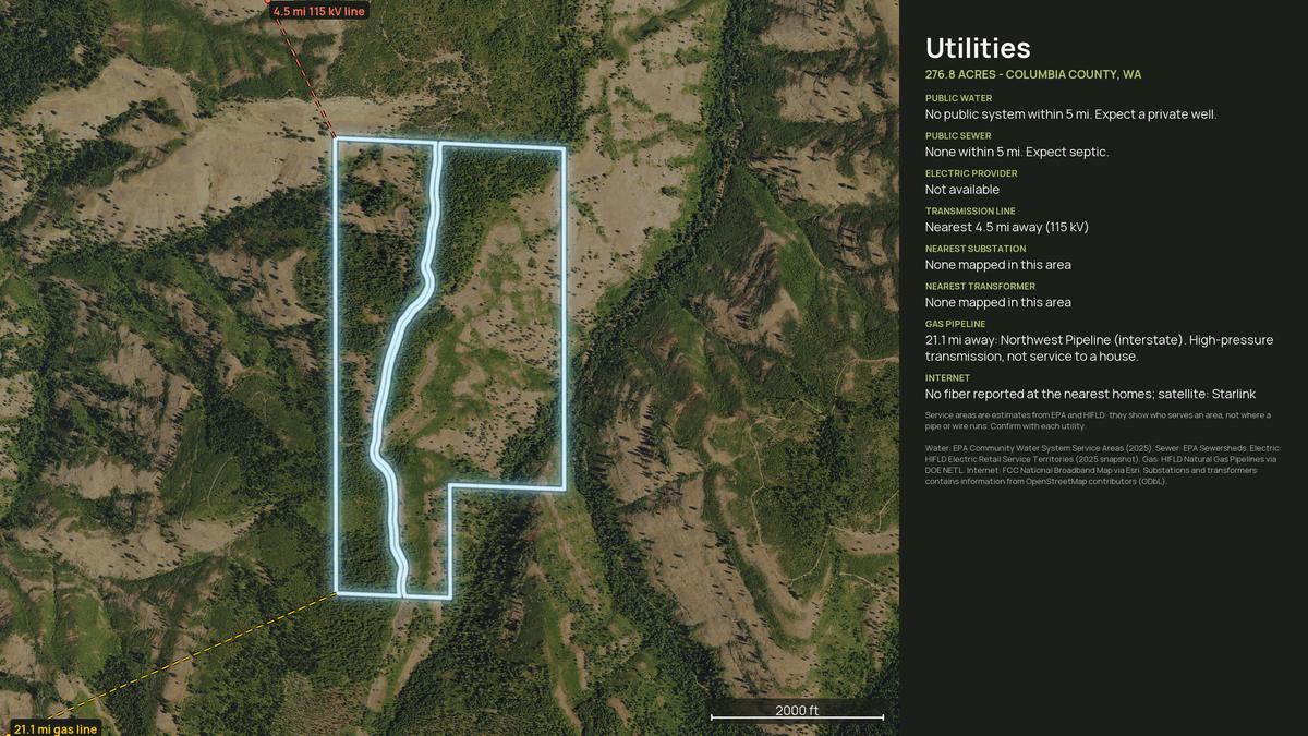 Utilities map for a Washington land parcel