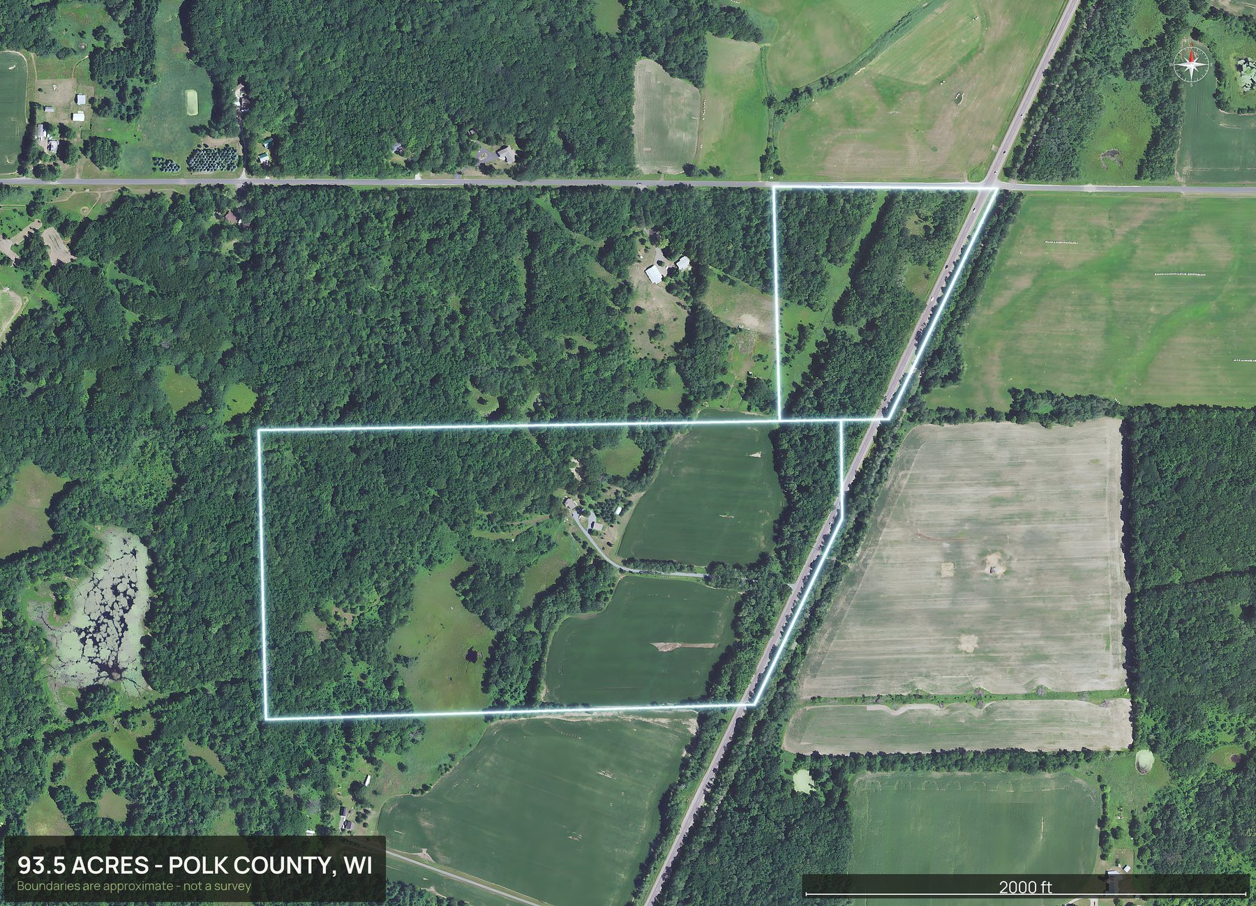 Outlined top down aerial photo of a Wisconsin land parcel with the boundary drawn in green