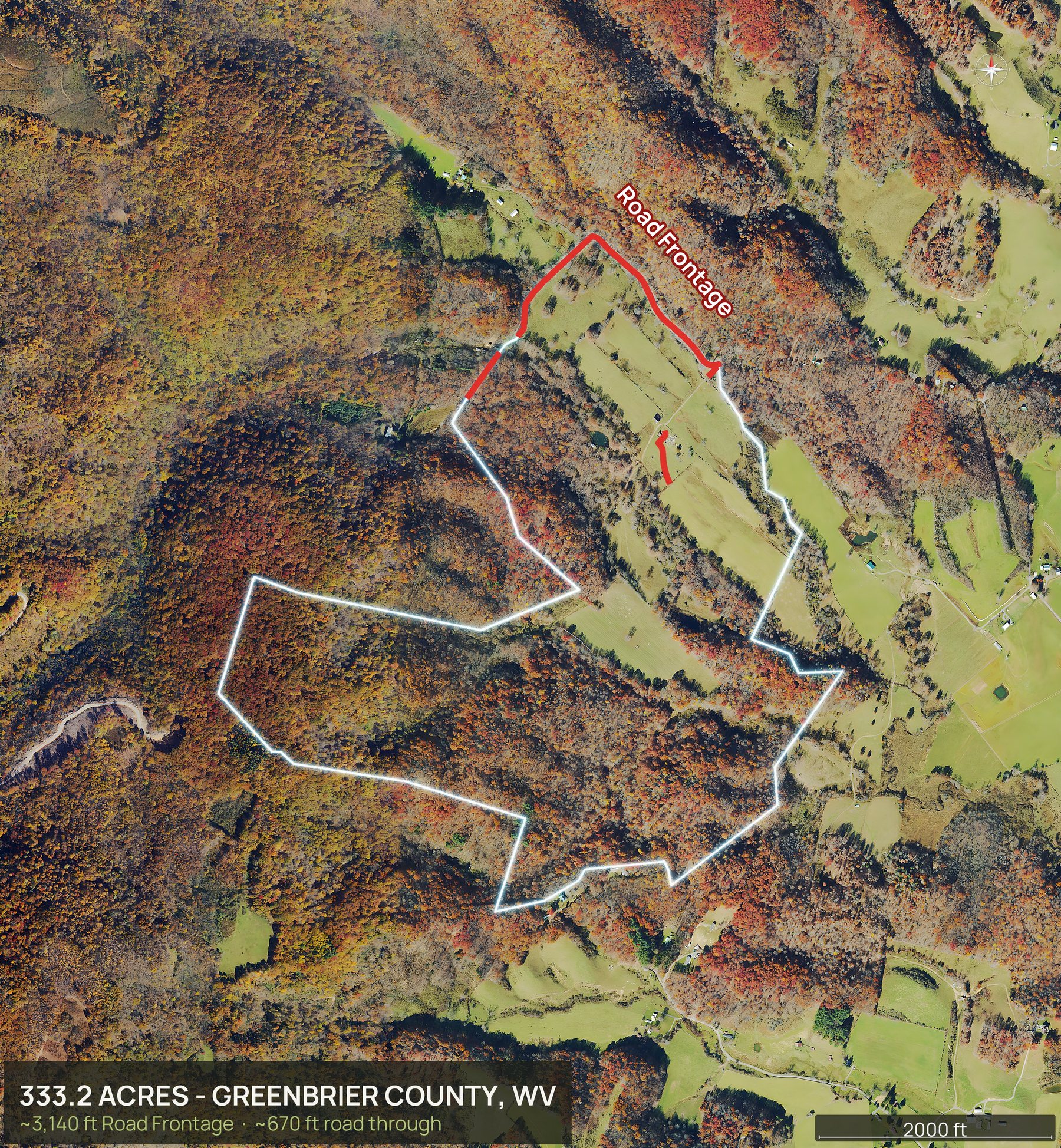 Access view of a West Virginia land parcel with the road frontage marked