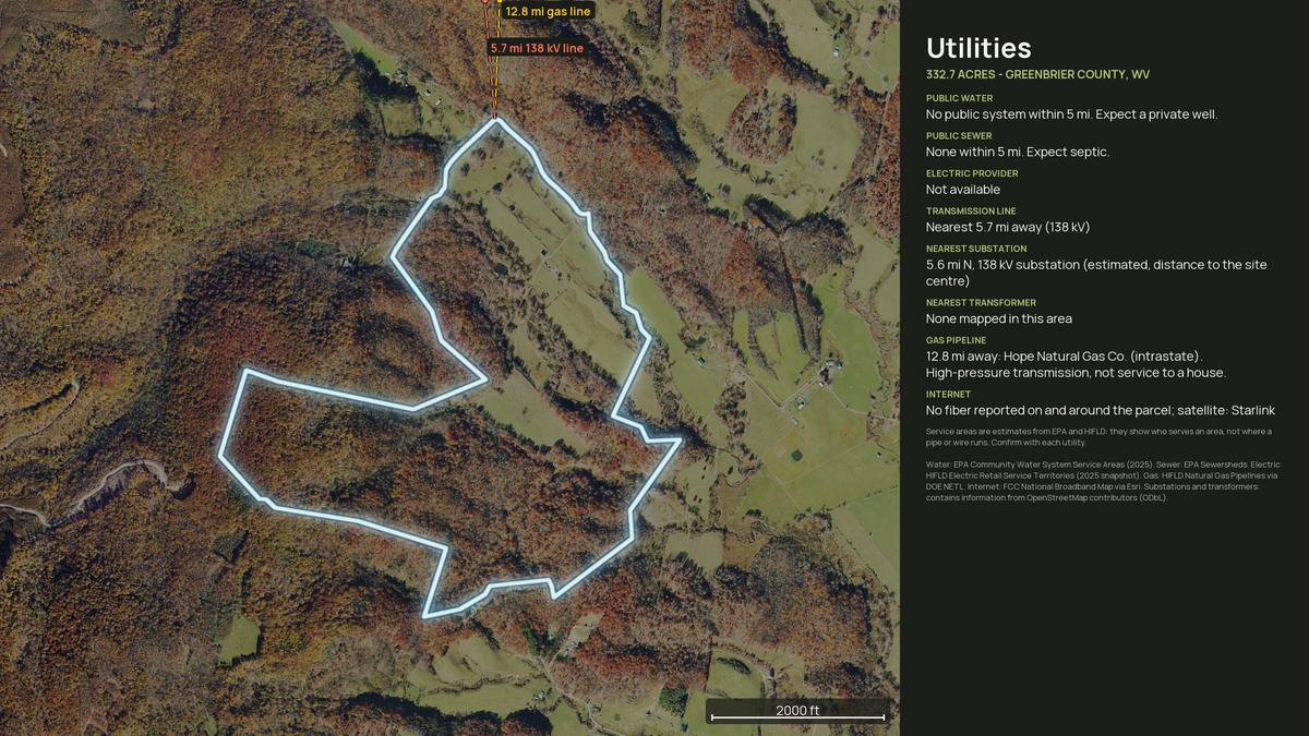 Utilities map for a West Virginia land parcel