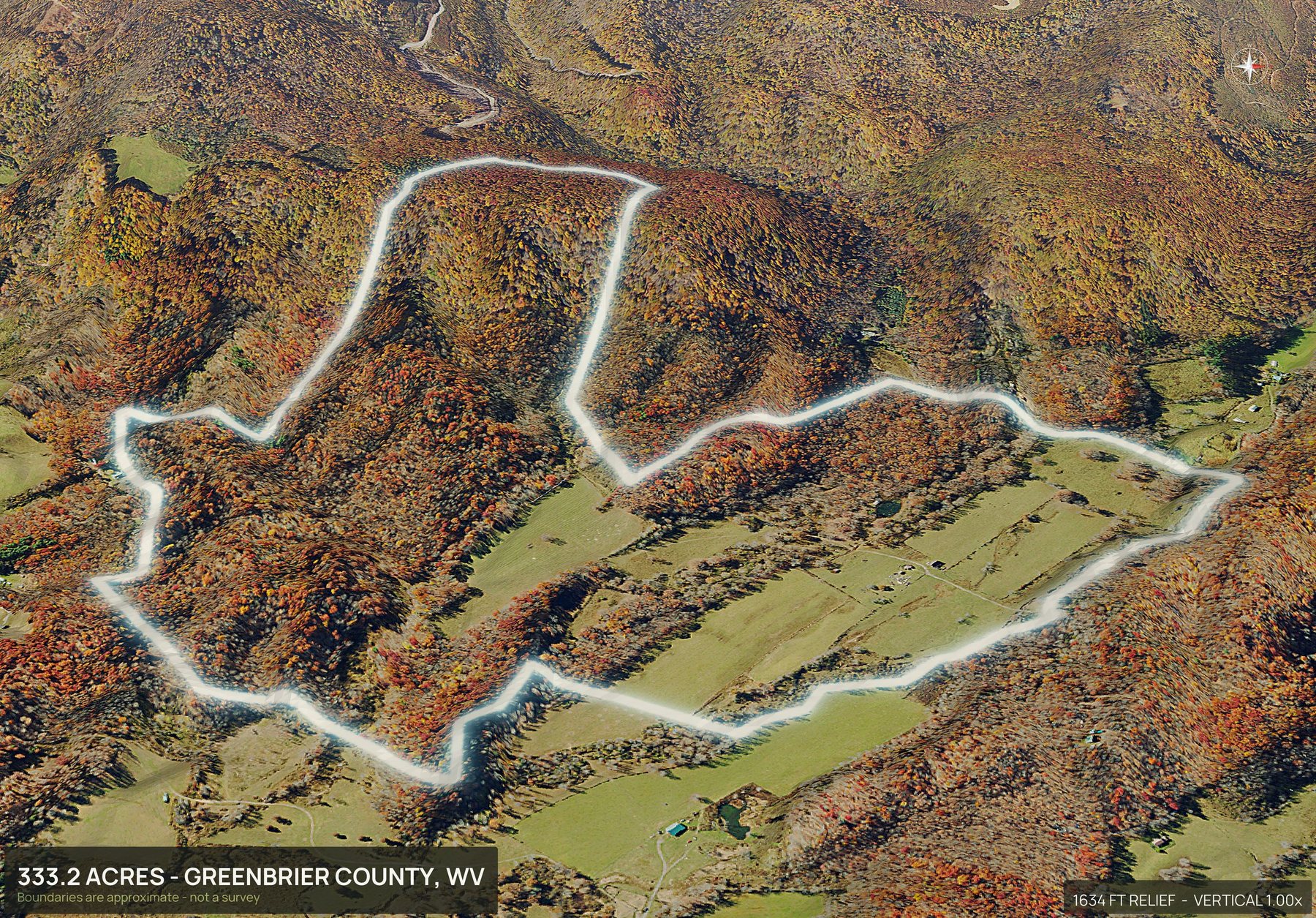 Aerial 3D view of a rural West Virginia land parcel with the boundary outlined