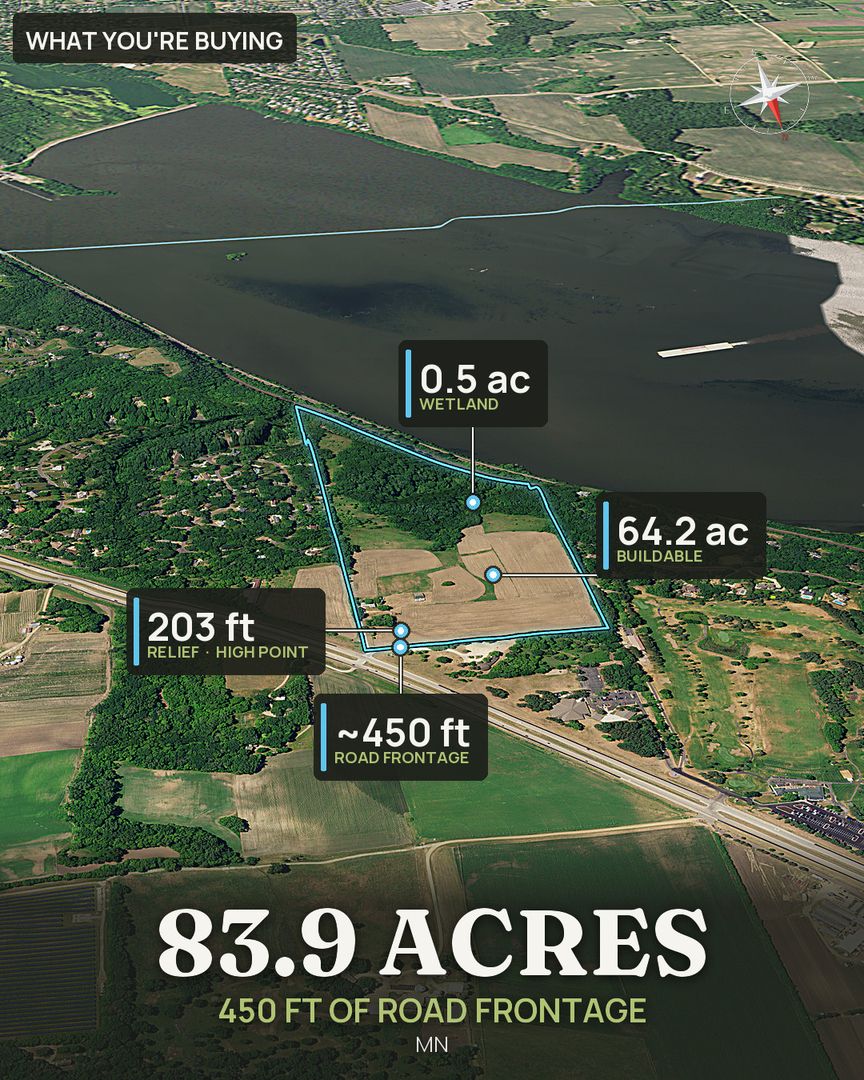 Hook headline cover of the carousel: the acreage and the road frontage over an aerial of the parcel