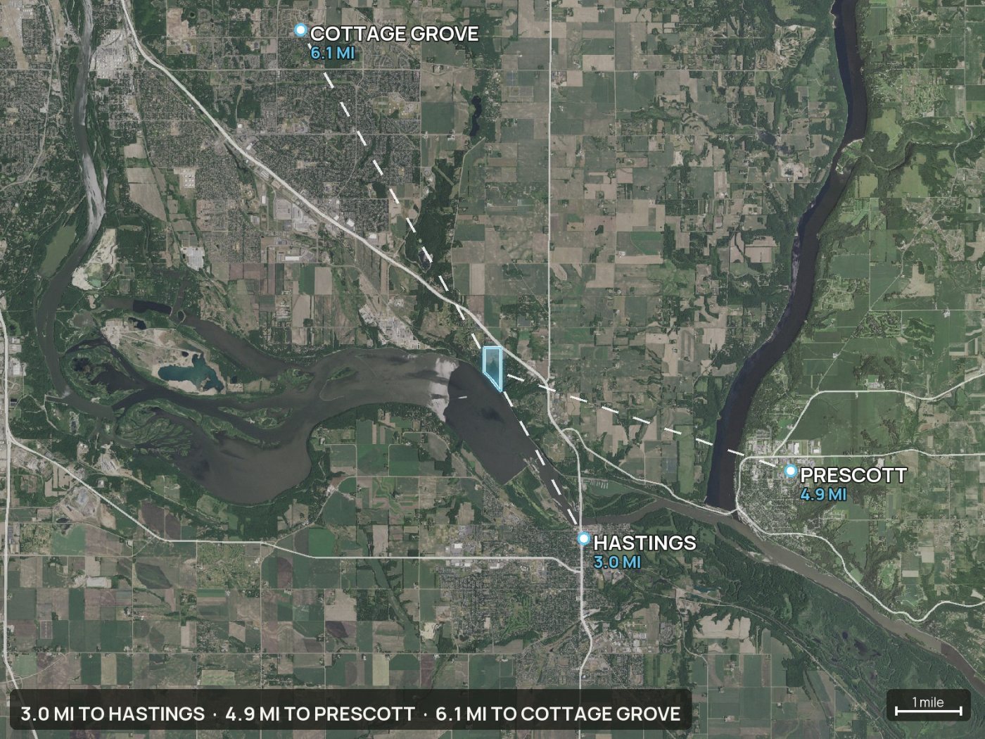 Context map showing distance from the parcel to Hastings, Prescott and Cottage Grove
