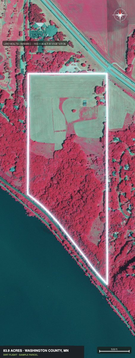 Infrared land health view of the parcel, healthy vegetation shown in red