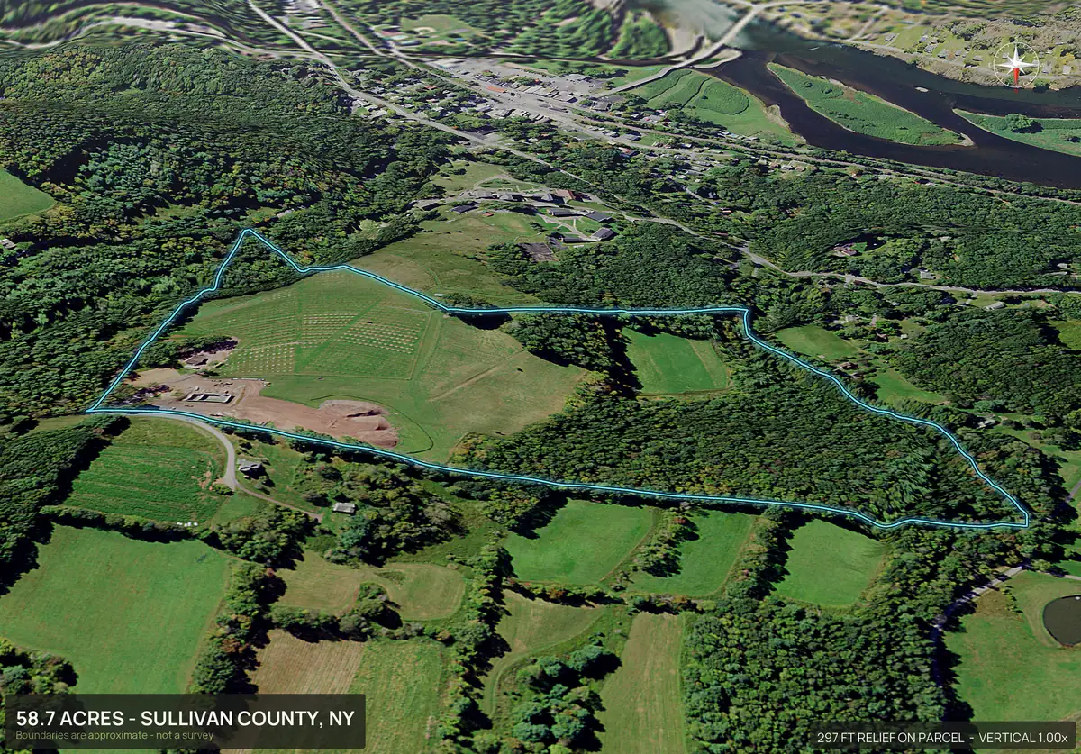 Aerial 3D view of a New York hobby farm parcel with hayfield and woods and the boundary outlined