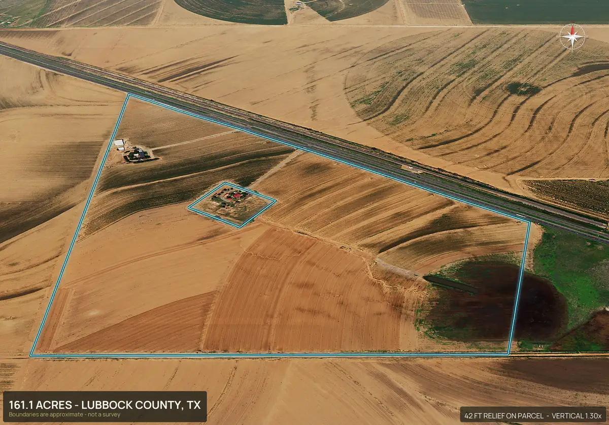 Aerial 3D view of a West Texas irrigated farm parcel with center pivot circles and a farmstead