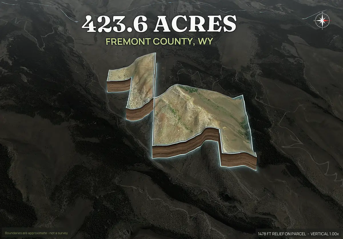 Pop-out 3D view of a Wyoming ranch parcel lifted off the landscape with the ground cut away and the boundary outlined