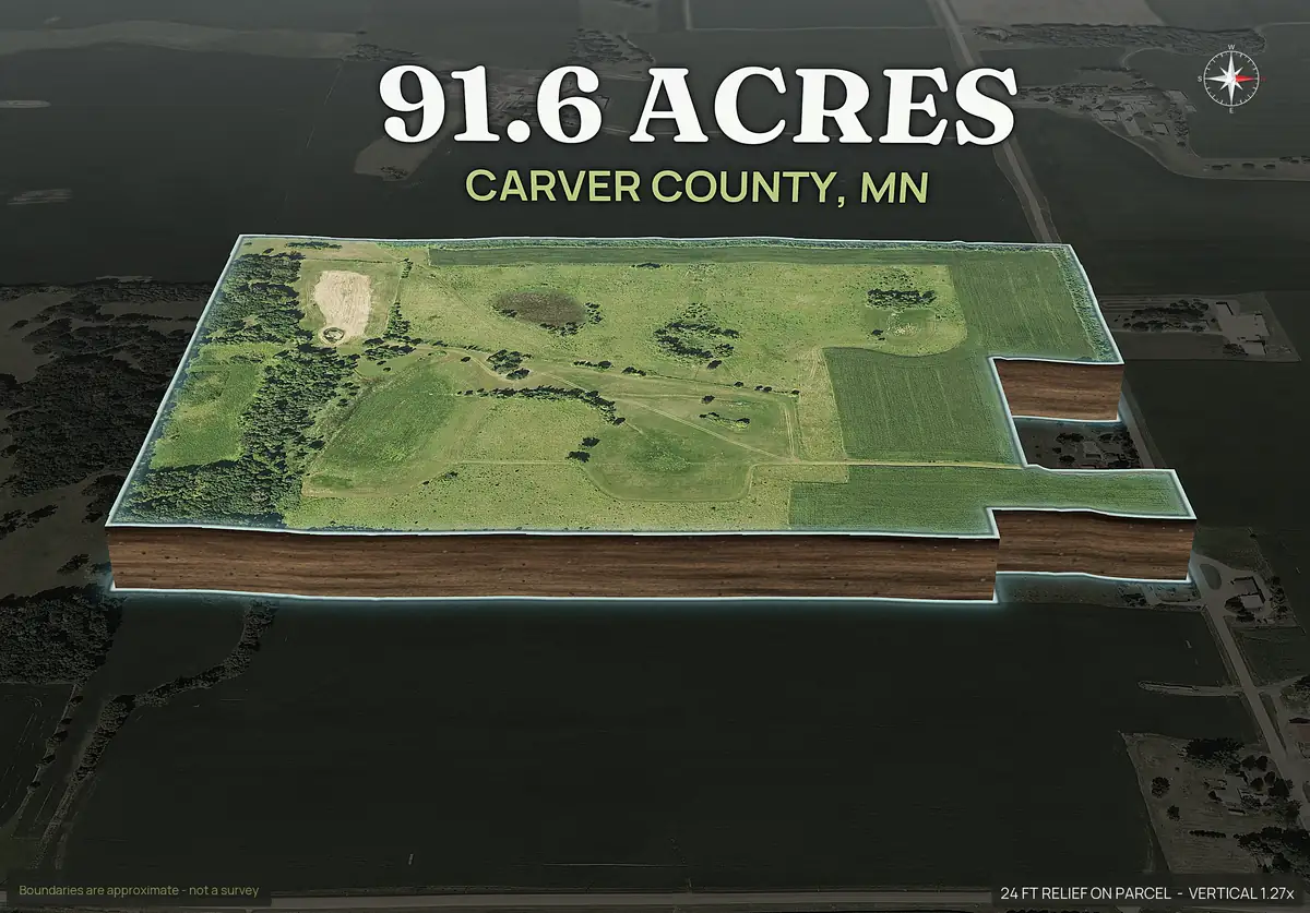 Pop-out 3D photo of a Minnesota farm parcel lifted off the landscape with dirt walls