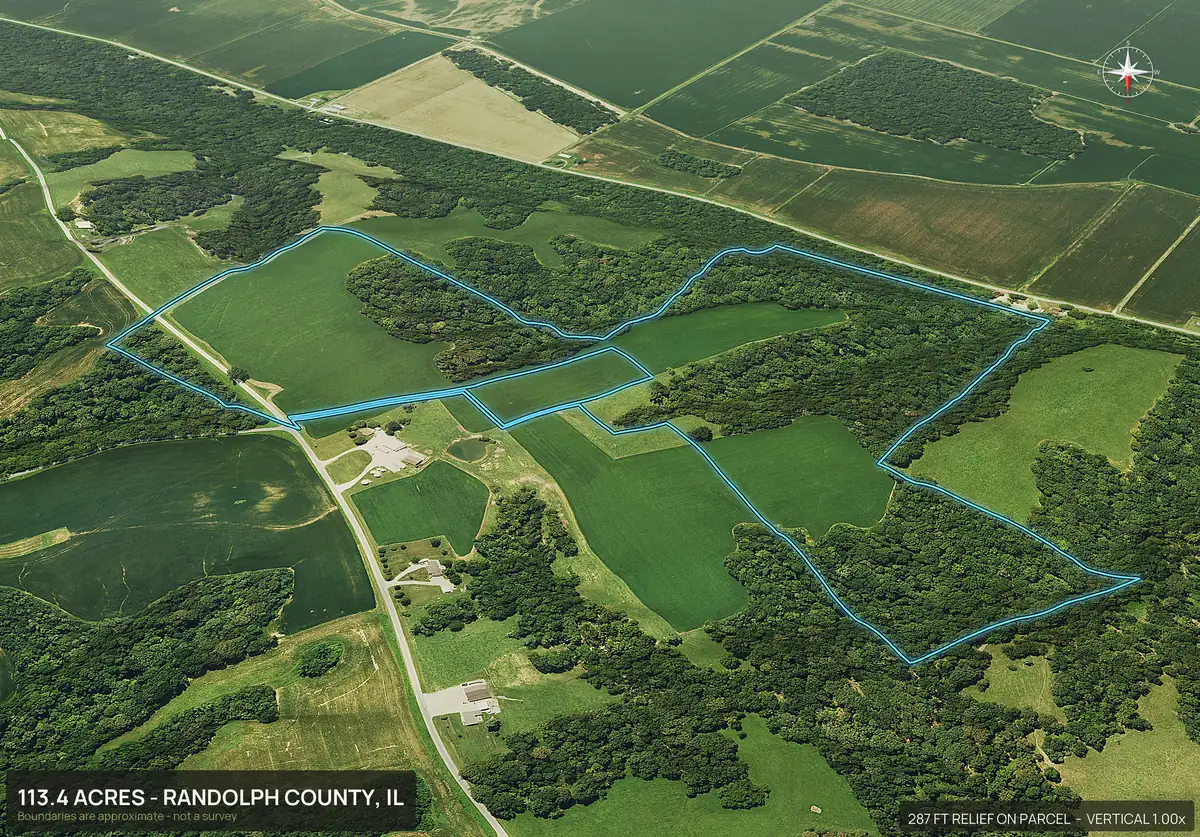 Aerial 3D view of a southern Illinois mixed farm parcel with rolling fields, timber draws and a pond, boundary outlined