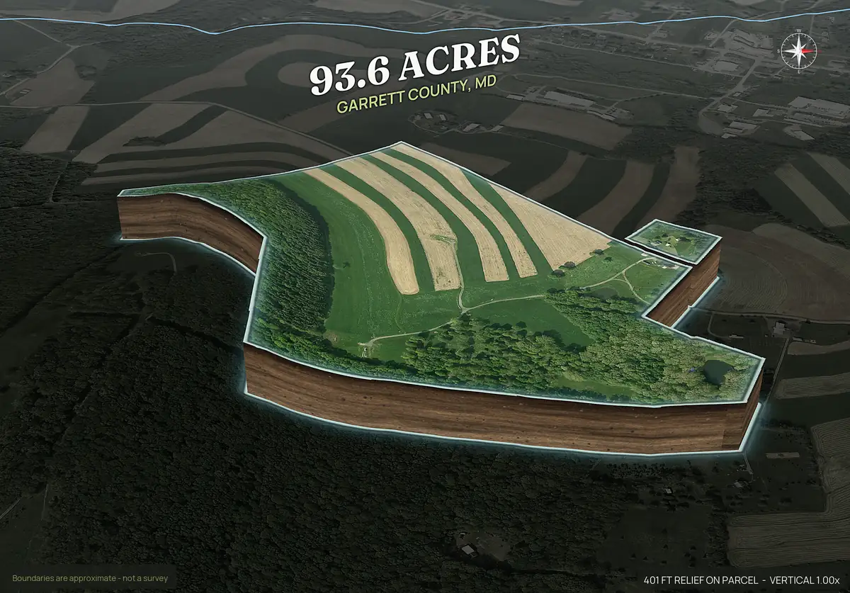 Pop-out 3D photo of a Maryland contour farm parcel lifted off the landscape with dirt walls