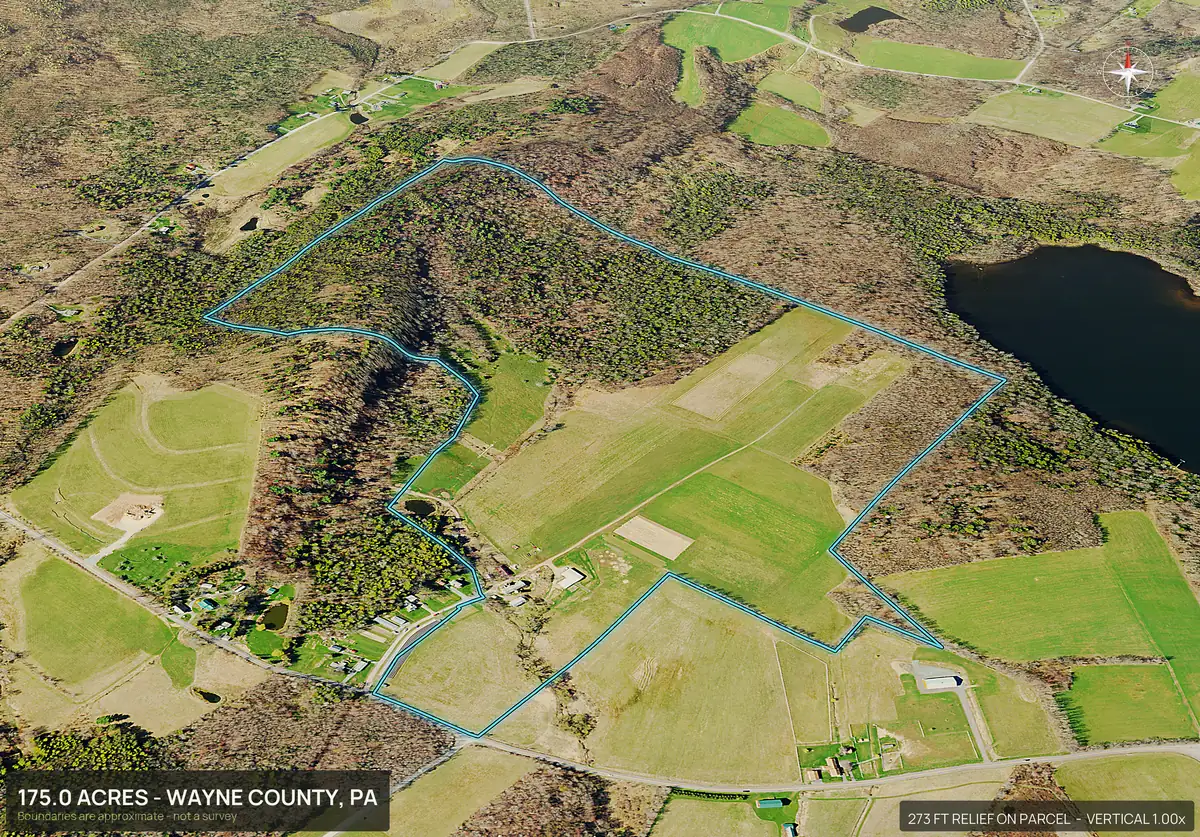 Aerial 3D view of a Pennsylvania parcel with woods, hayfields and a large pond next to the boundary