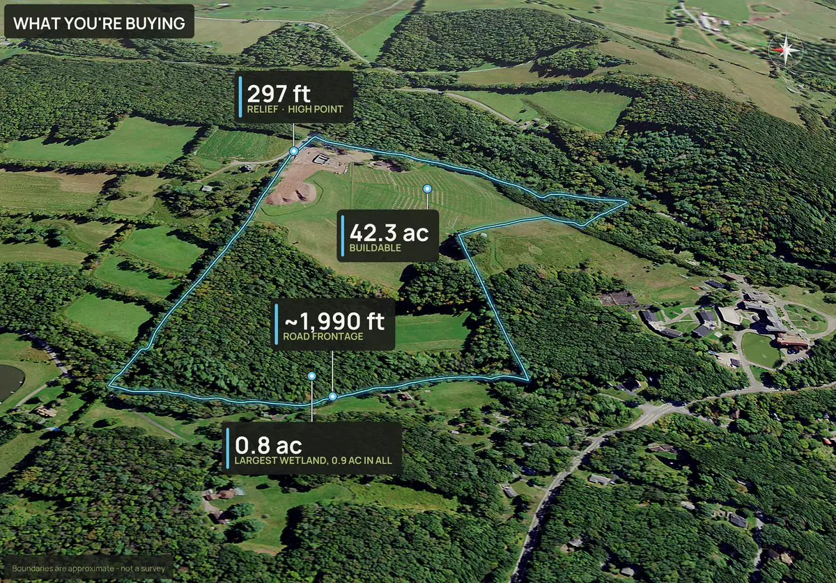 What You're Buying panel on an aerial of a New York hayfield and woodlot parcel with buildable acres, relief and road frontage