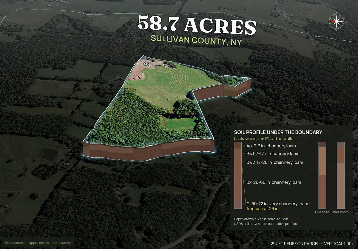 Pop-out 3D photo of a New York hayfield and woodlot parcel with a soil profile panel under the boundary
