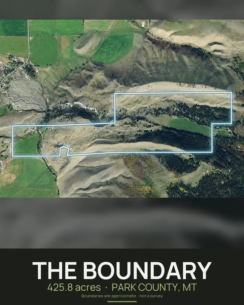 Instagram carousel slide titled The Boundary with the boundary outlined on an aerial of a 425 acre Montana ranch parcel