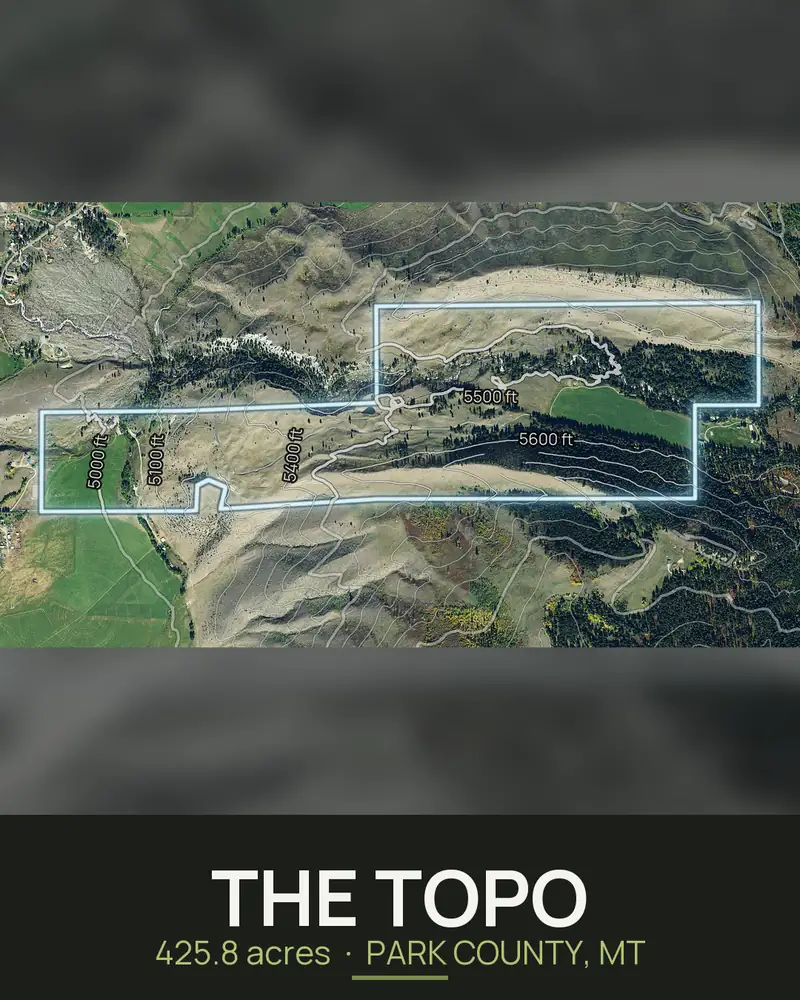 Instagram carousel slide titled The Topo with the contour map of a 425 acre Montana ranch parcel