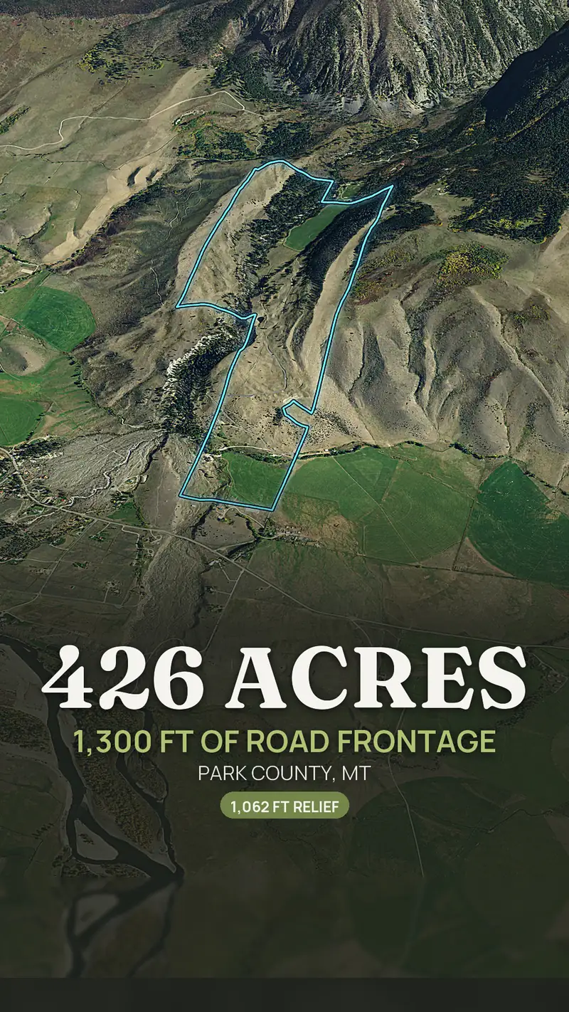 Vertical social cover for a 426 acre Montana ranch parcel with the boundary on an aerial and 1,300 feet of road frontage