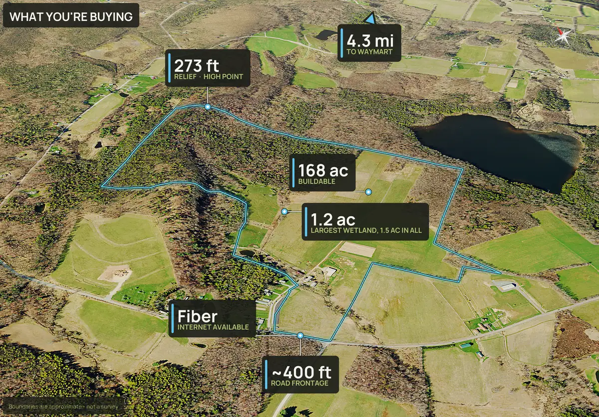 What You're Buying panel on an aerial of a Pennsylvania parcel with callouts for acres, relief and road frontage