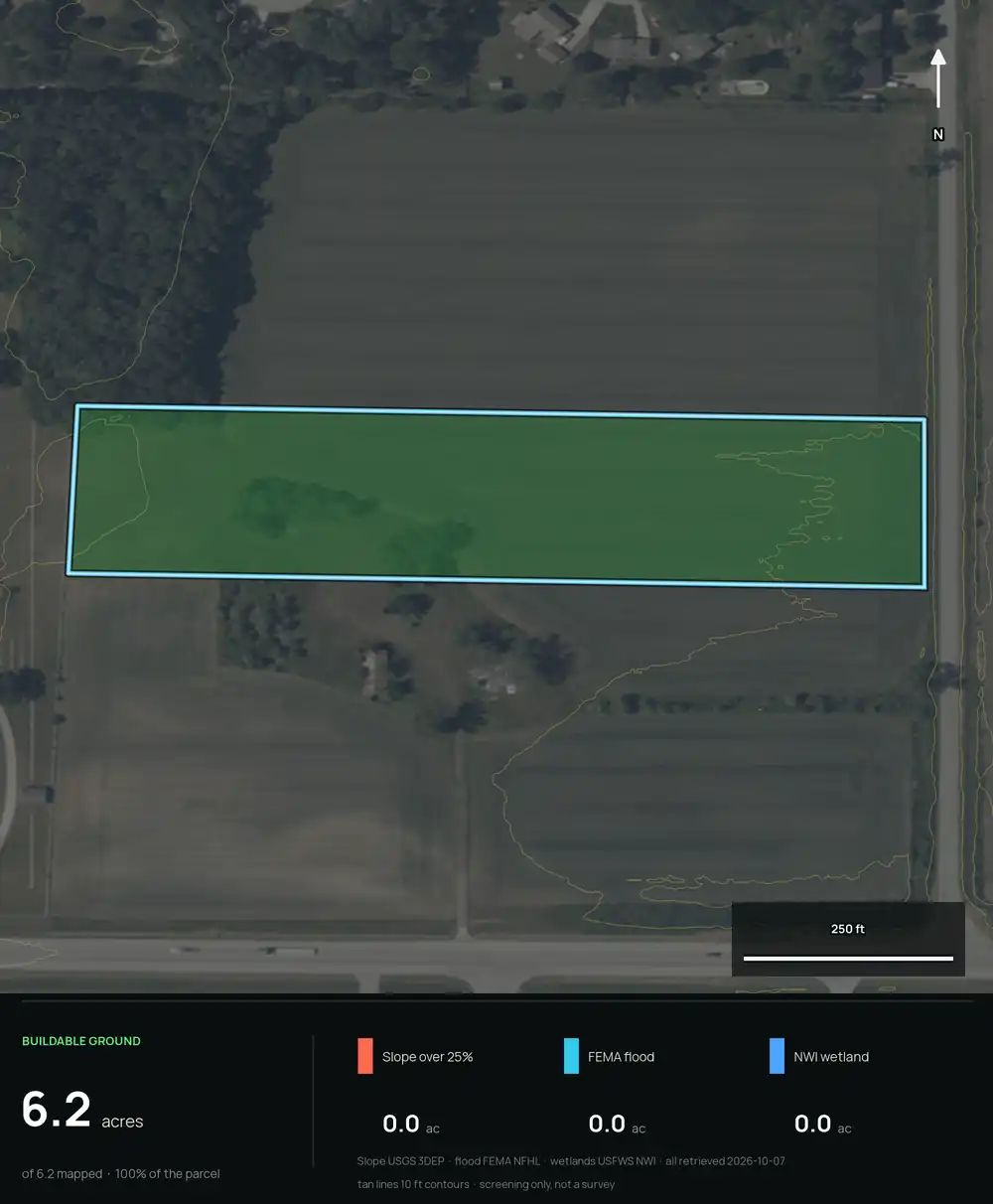 Buildable ground map of lot 3 in Newton County, Indiana, with slope, flood and wetland screened and the buildable acres listed