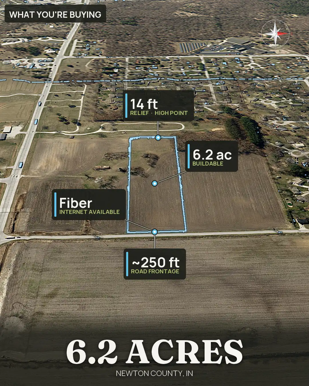 Finished marketing image for lot 3 in Newton County, Indiana, showing buildable acres, relief and road frontage callouts