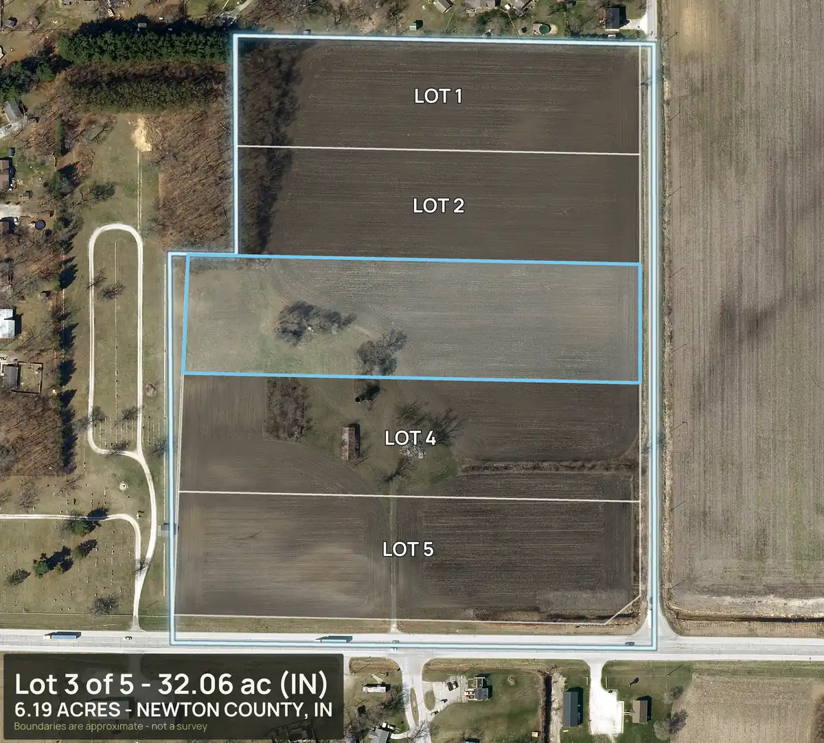 Aerial view of lot 3 of a five lot subdivision in Newton County, Indiana, outlined among the other four lots