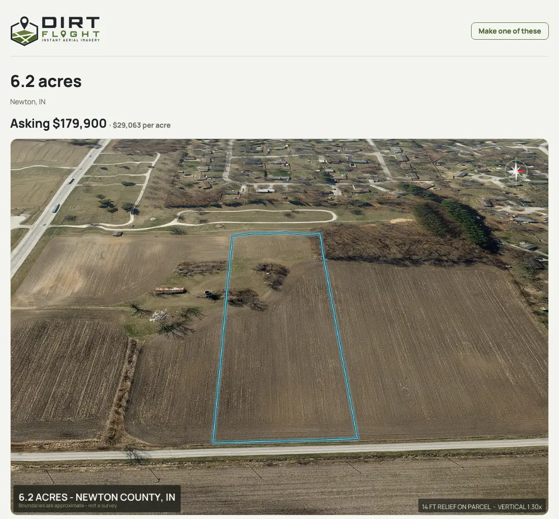 Dirt Flight listing page for lot 3 of a Newton County, Indiana subdivision showing the asking price, the lot aerial and photo, and property details