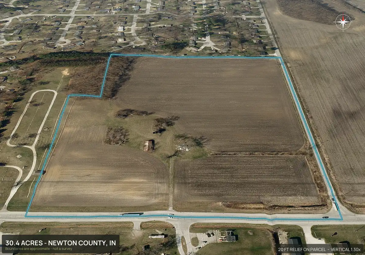Oblique 3D aerial view of a 30.4 acre parent parcel in Newton County, Indiana, with the boundary outlined