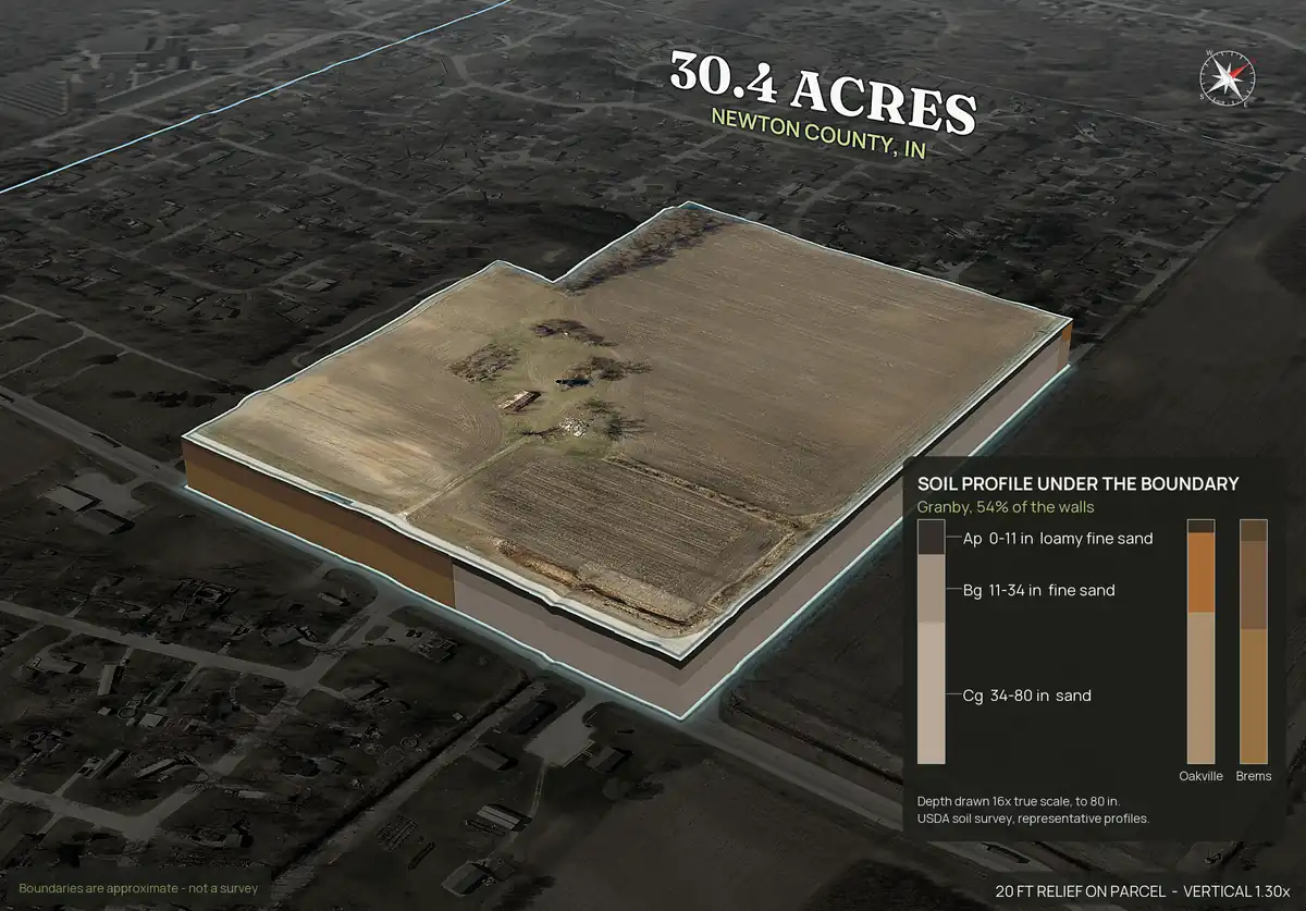 Pop-out 3D photo of the 30.4 acre parent tract in Newton County, Indiana, before the lot lines, lifted off the landscape