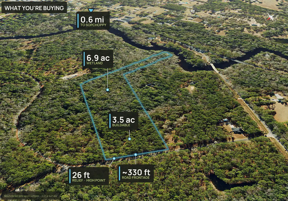 What You're Buying panel on an aerial of lot 1 of a two lot split in Wakulla County, Florida, with wetland, buildable acres and road frontage