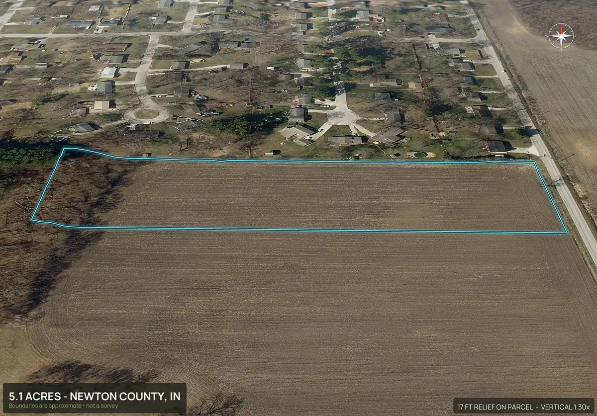 Oblique 3D aerial view of lot 1 of a five lot subdivision in Newton County, Indiana, with the lot outlined
