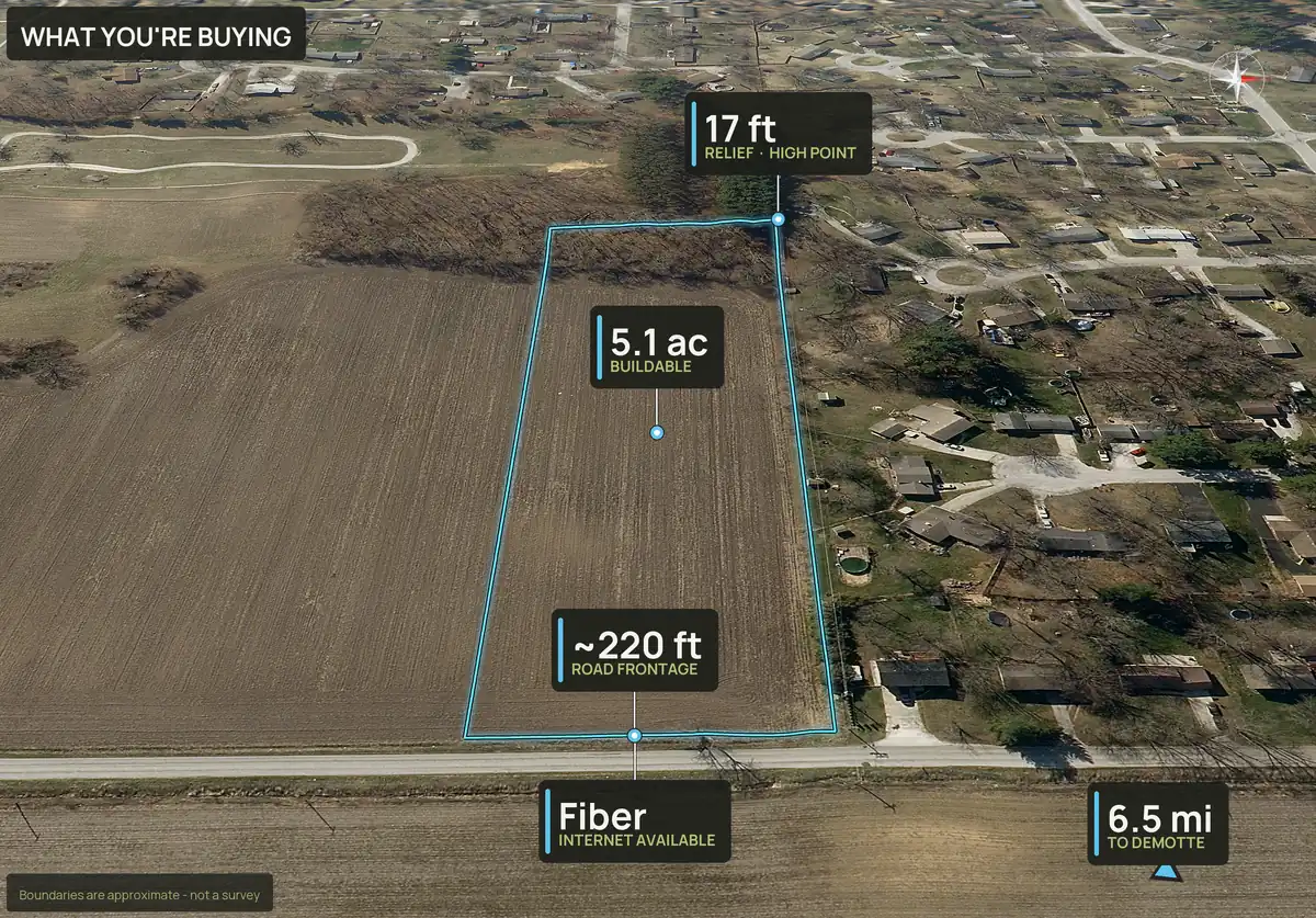 What You're Buying panel on an aerial of lot 1 of a subdivision in Newton County, Indiana, with buildable acres, relief and road frontage