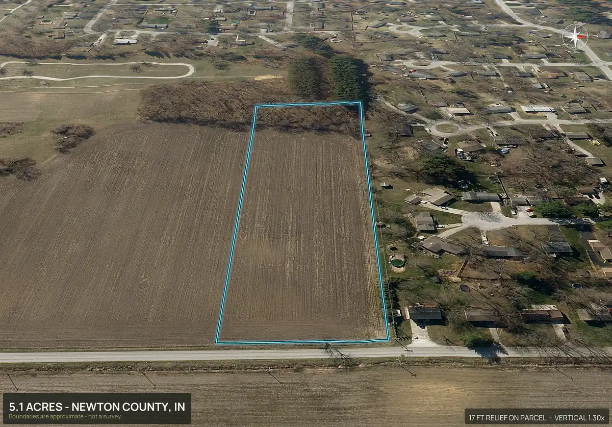 Aerial view of lot 1 of a five lot subdivision in Newton County, Indiana, looking along its road frontage